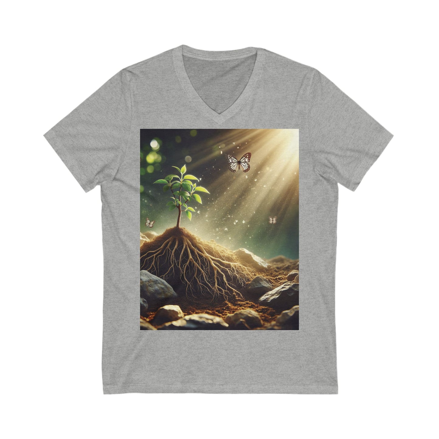 Nature-Inspired V-Neck Tee, Eco-Friendly Shirt, Plant Lover Gift, Gardening Tee, Butterfly Art T-Shirt, Earth Day Apparel