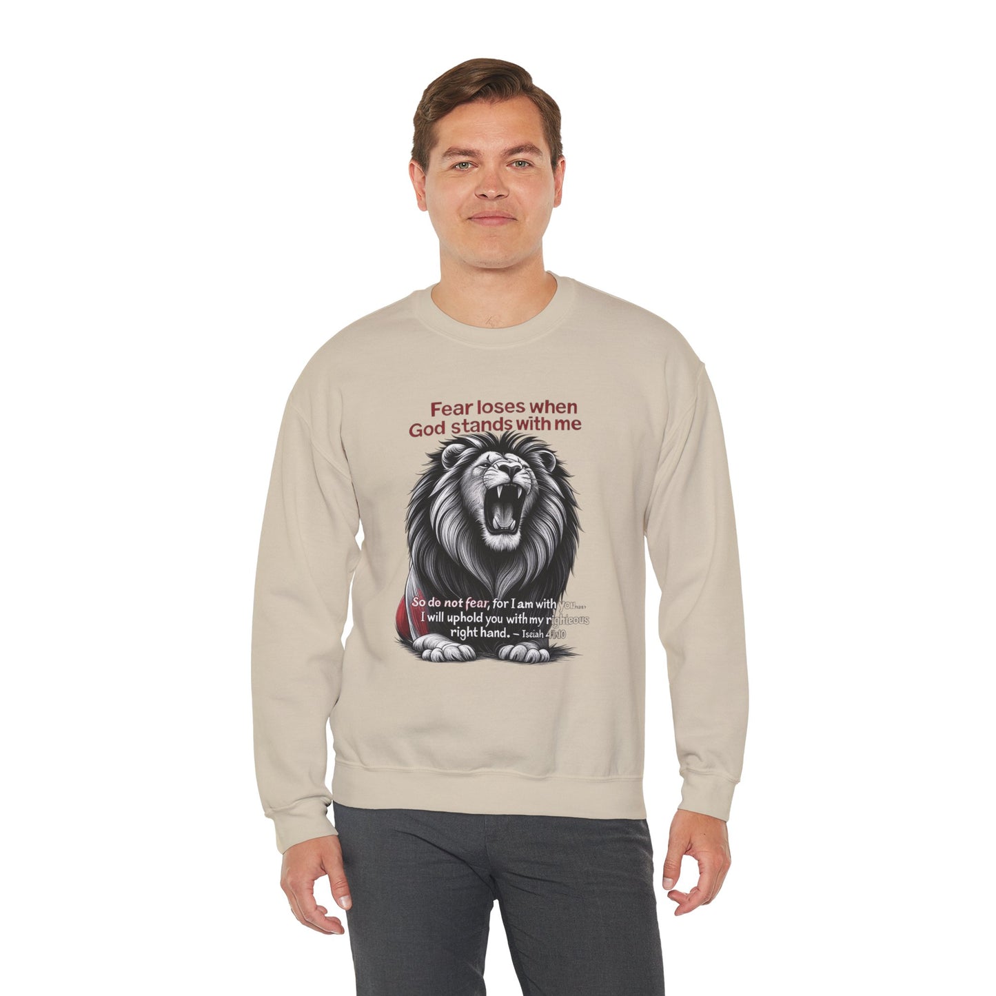 Fearless Lion Inspirational Crewneck Sweatshirt, Motivational Gift, Unisex Apparel, Cozy Sweatshirt, Christian Quote Sweatshirt