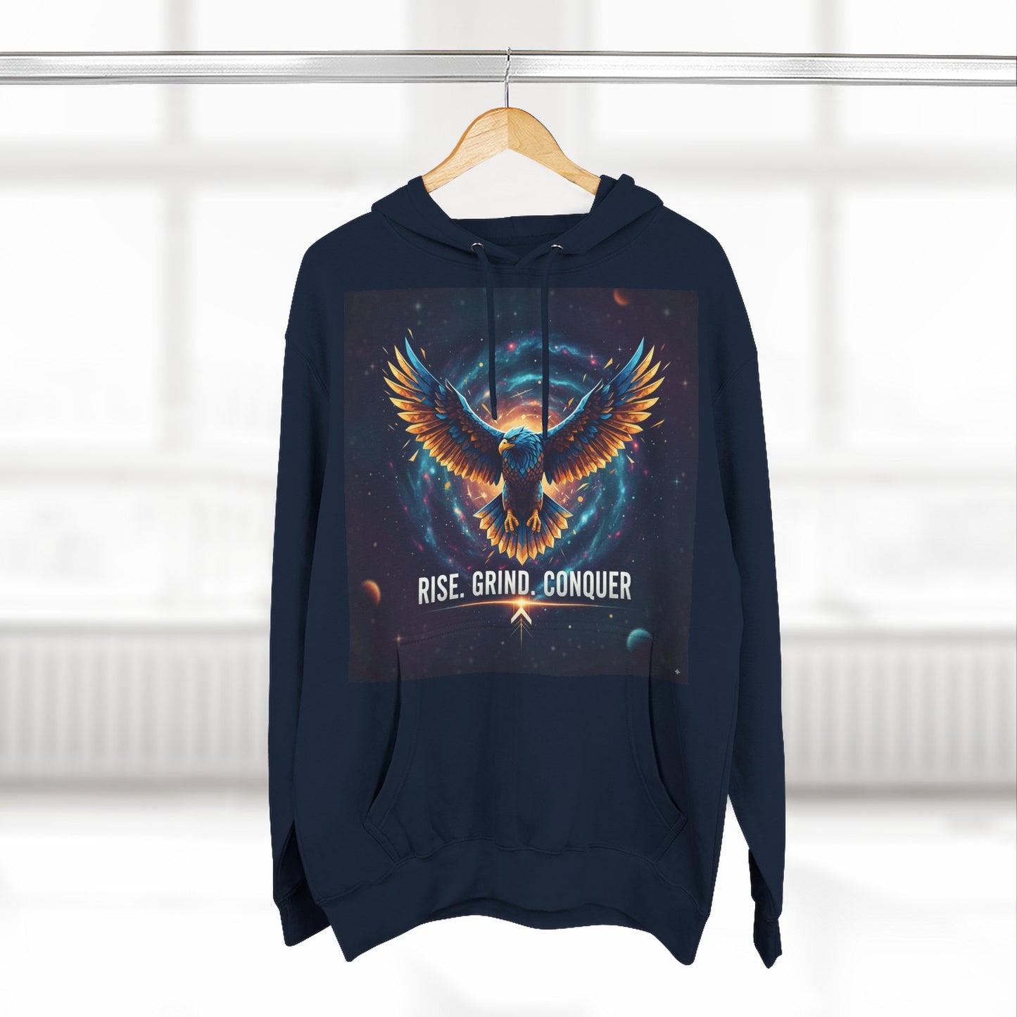 Motivational Fleece Hoodie, Rise Grind Conquer Sweatshirt, Gift for Gym Lovers, Inspirational Casual Wear, Cozy Fitness Apparel