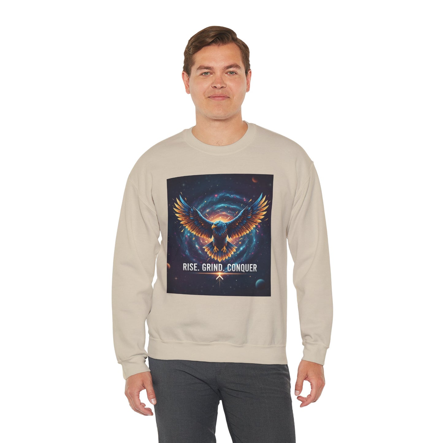 Cosmic Inspirational Sweatshirt - Rise, Grind, Conquer, Motivational Apparel, Unisex Crewneck, Casual Wear, Gift for Dreamers