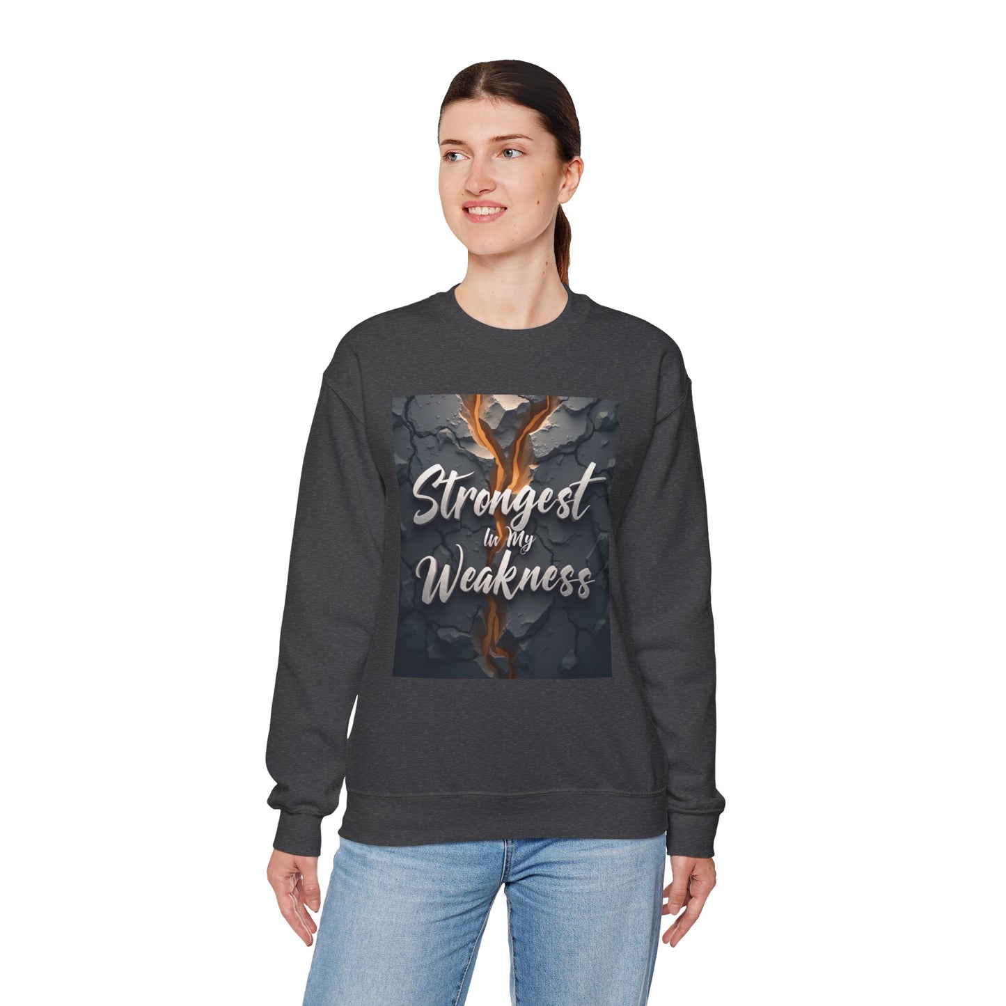 Inspirational Crewneck Sweatshirt - ‘Strongest to My Weakness’ | Cozy Gift, Motivational Wear, Unisex Apparel, Self-Care, Casual Style