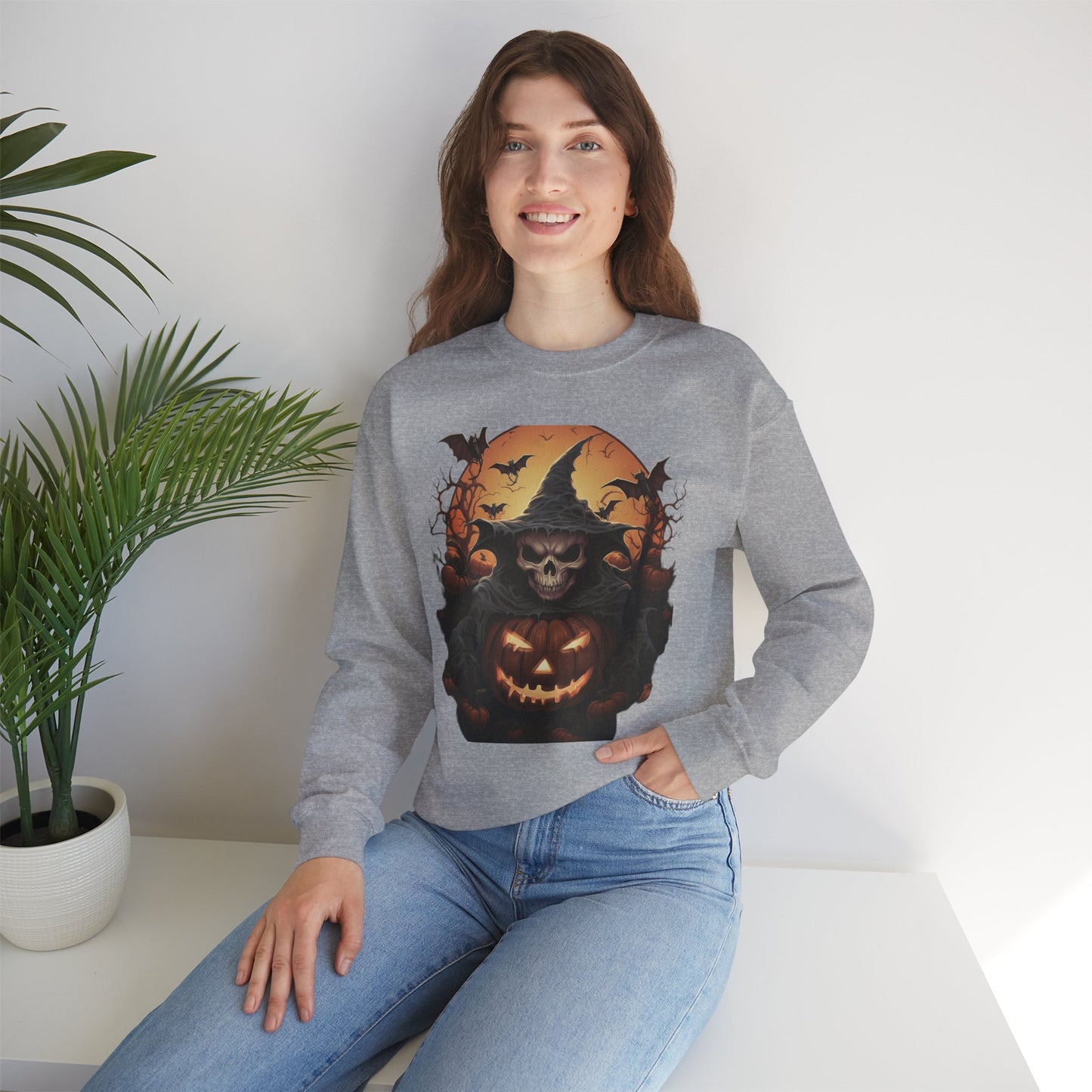 Halloween Witch Skull Sweatshirt, Unisex Crewneck, Fall Fashion, Cozy Sweater, Spooky Apparel, Halloween Gift