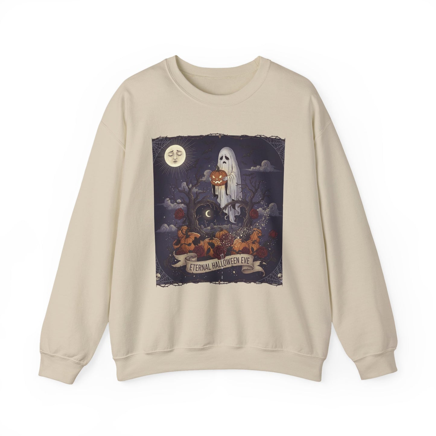 Eternal Halloween Crewneck Sweatshirt, Cozy Ghost Artwork, Unisex Sweater for Fall, Halloween Casual Wear, Spooky Season Gift