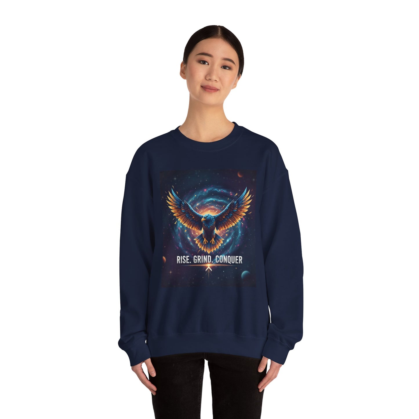 Cosmic Inspirational Sweatshirt - Rise, Grind, Conquer, Motivational Apparel, Unisex Crewneck, Casual Wear, Gift for Dreamers