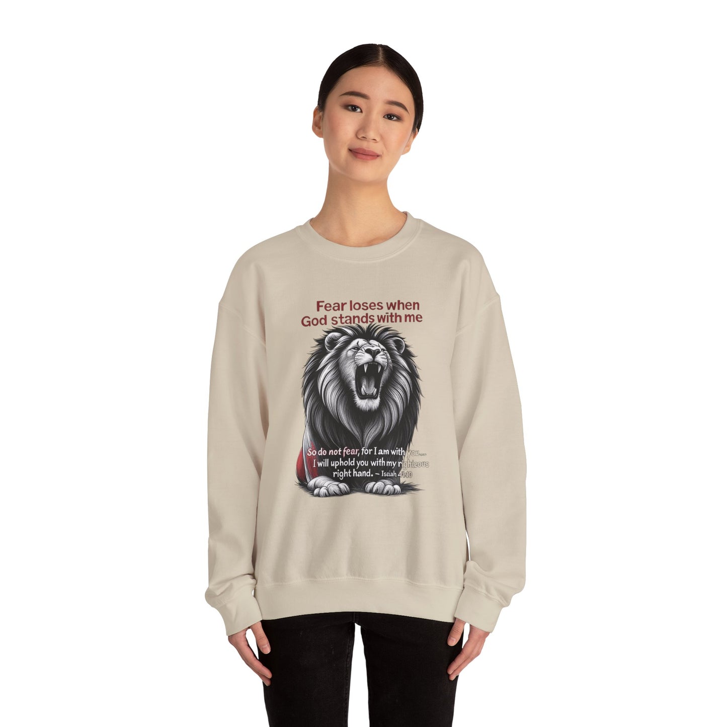 Fearless Lion Inspirational Crewneck Sweatshirt, Motivational Gift, Unisex Apparel, Cozy Sweatshirt, Christian Quote Sweatshirt