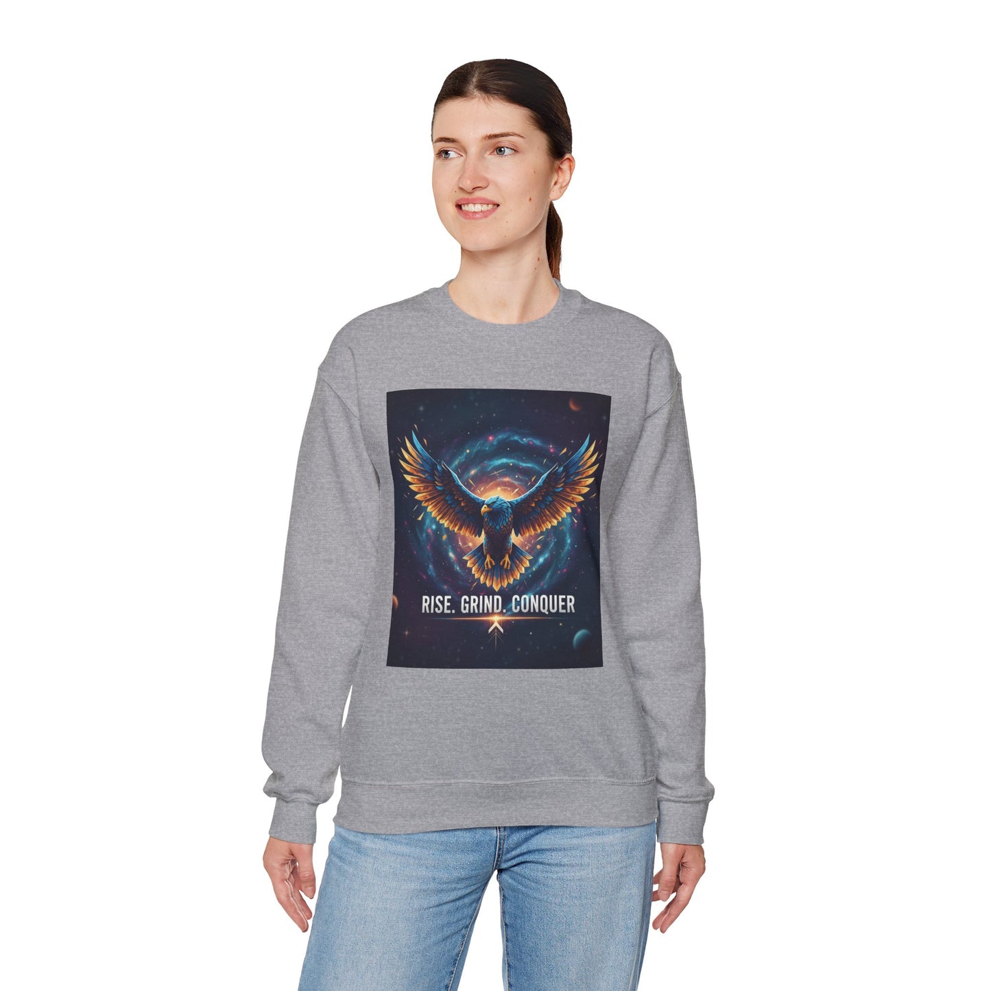 Cosmic Inspirational Sweatshirt - Rise, Grind, Conquer, Motivational Apparel, Unisex Crewneck, Casual Wear, Gift for Dreamers