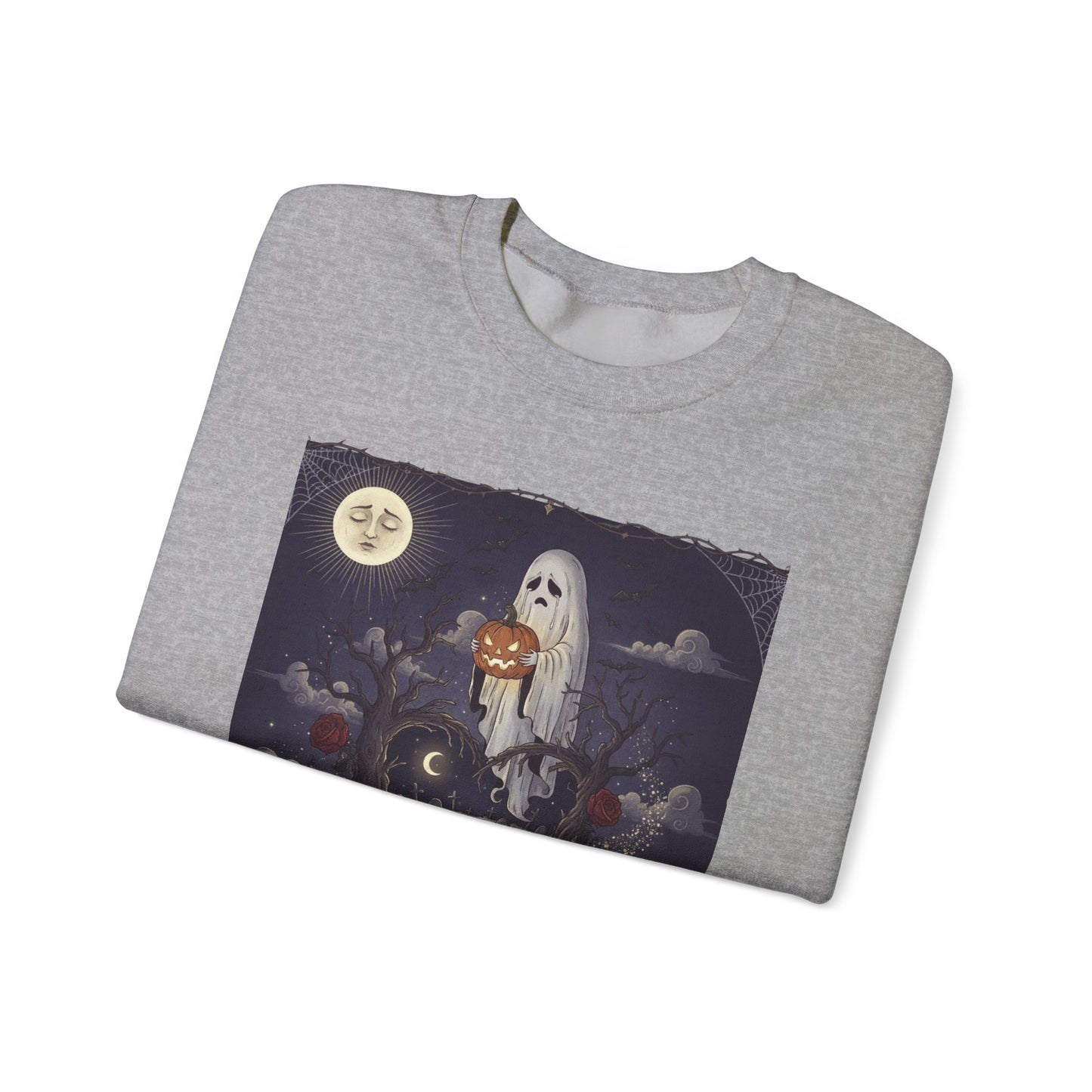 Eternal Halloween Crewneck Sweatshirt, Cozy Ghost Artwork, Unisex Sweater for Fall, Halloween Casual Wear, Spooky Season Gift