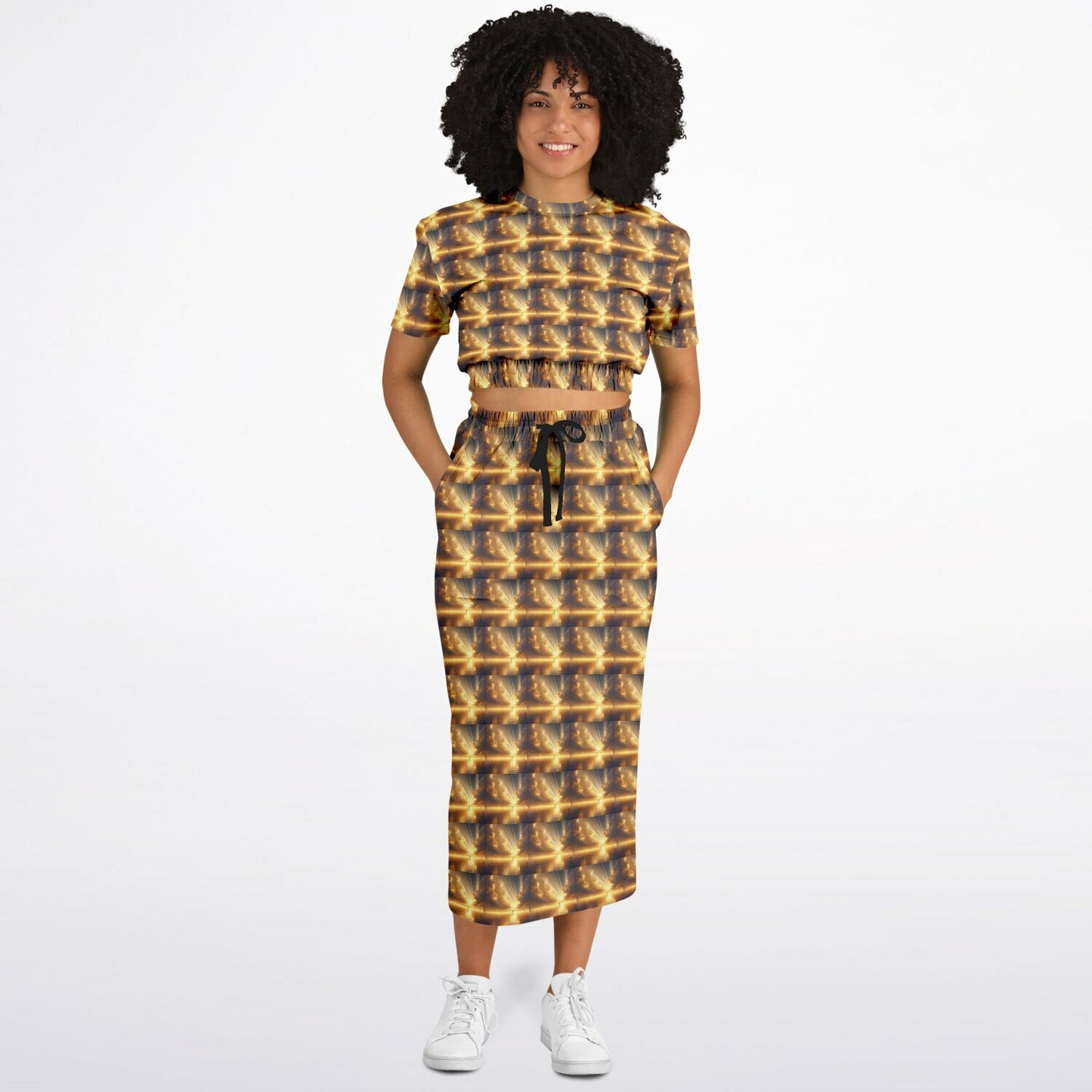 Fashion Cropped Short Sleeve Sweatshirt and Long Pocket Skirt Set – AOP