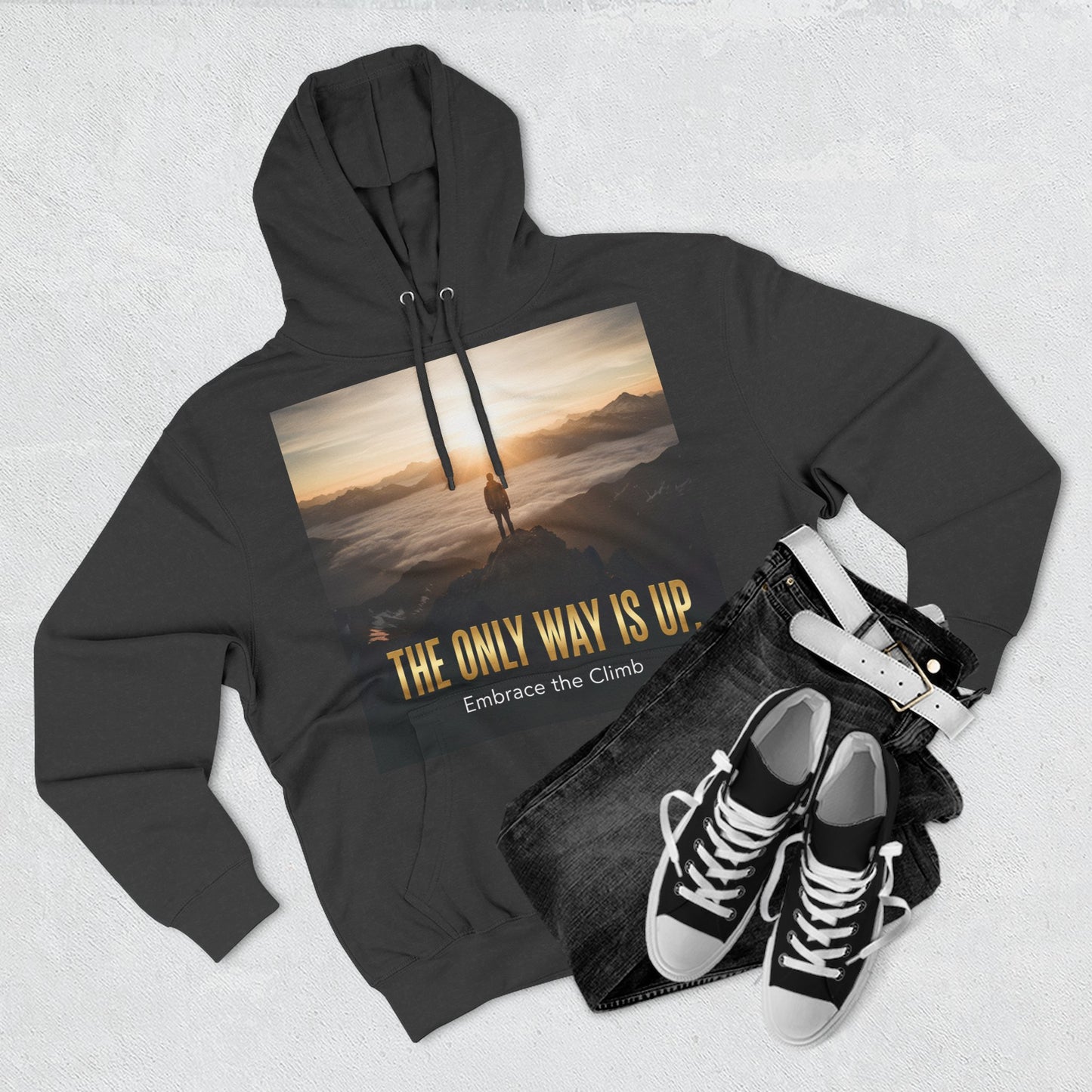 Inspirational Three-Panel Fleece Hoodie, Motivational Sweatshirt, Cozy Gift for Hikers, Embrace the Climb Hoodie, Adventure Apparel