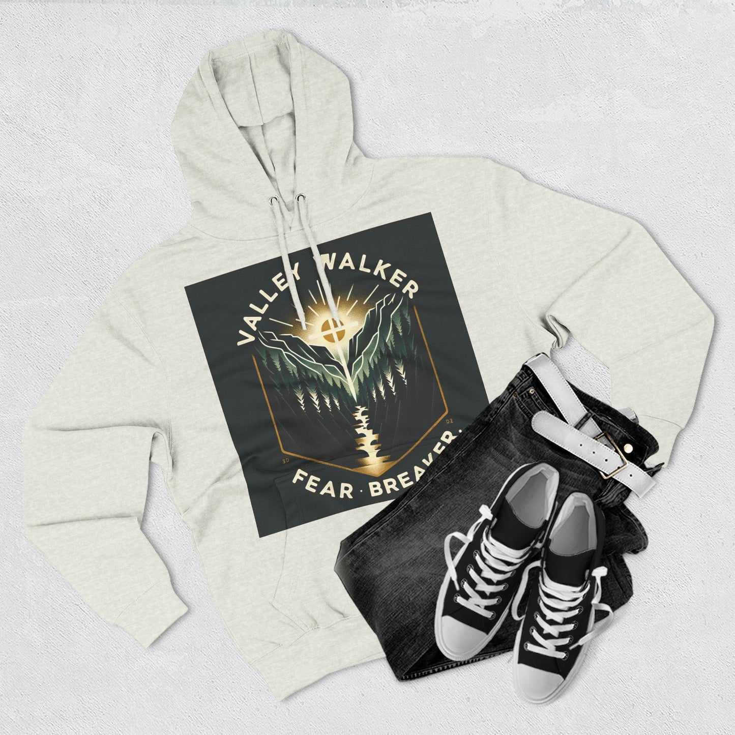 Valley Walker Fleece Hoodie - Fear Breaker, Cozy Hoodie, Inspirational Sweatshirt, Nature Lover Gift, Adventure Apparel