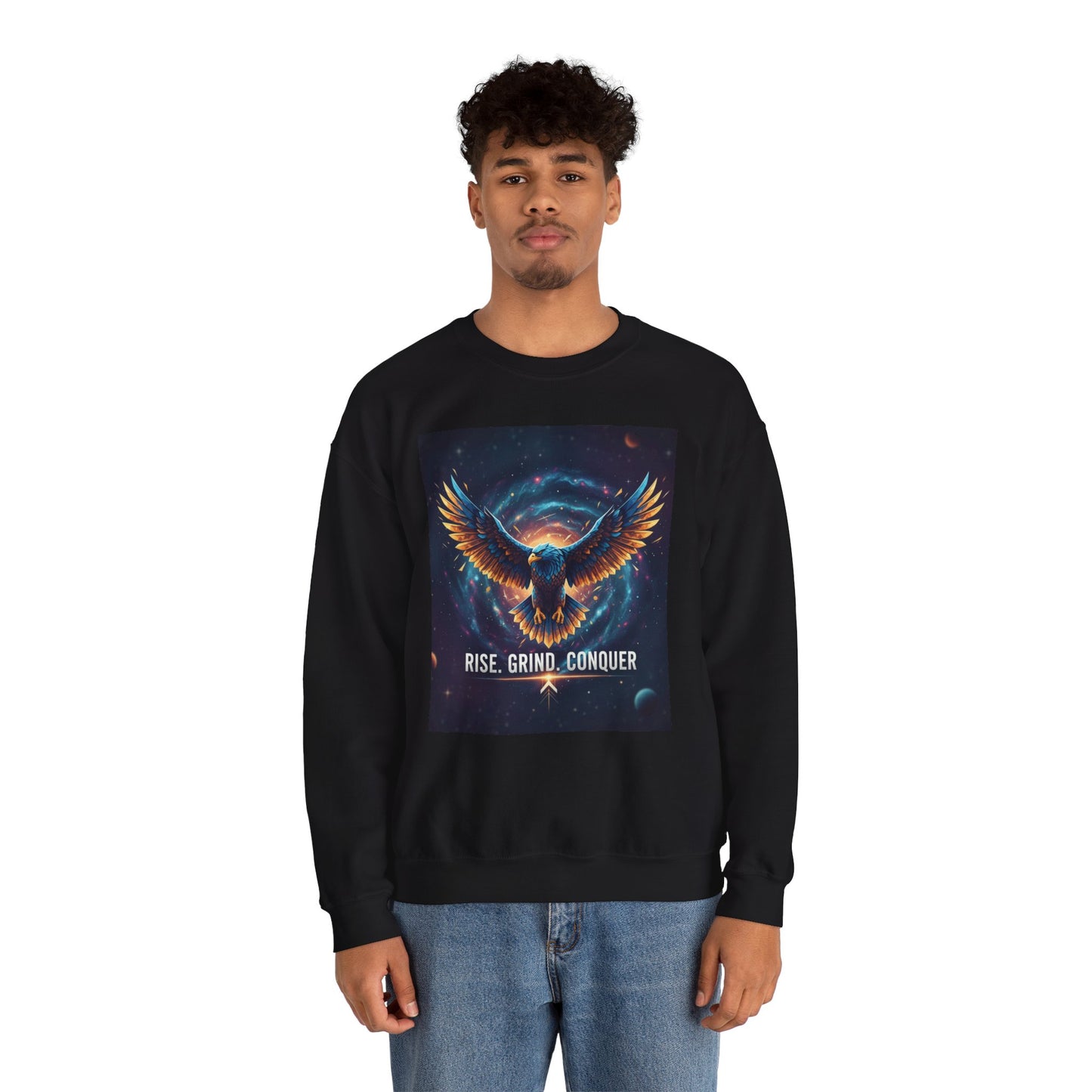 Cosmic Inspirational Sweatshirt - Rise, Grind, Conquer, Motivational Apparel, Unisex Crewneck, Casual Wear, Gift for Dreamers