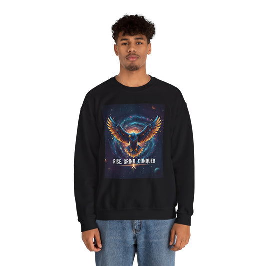 Cosmic Inspirational Sweatshirt - Rise, Grind, Conquer, Motivational Apparel, Unisex Crewneck, Casual Wear, Gift for Dreamers