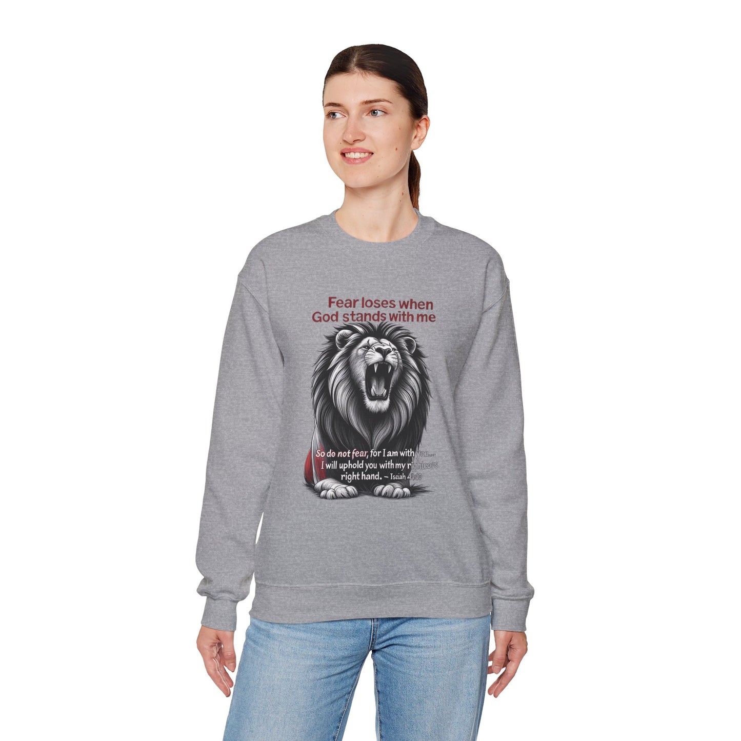 Fearless Lion Inspirational Crewneck Sweatshirt, Motivational Gift, Unisex Apparel, Cozy Sweatshirt, Christian Quote Sweatshirt