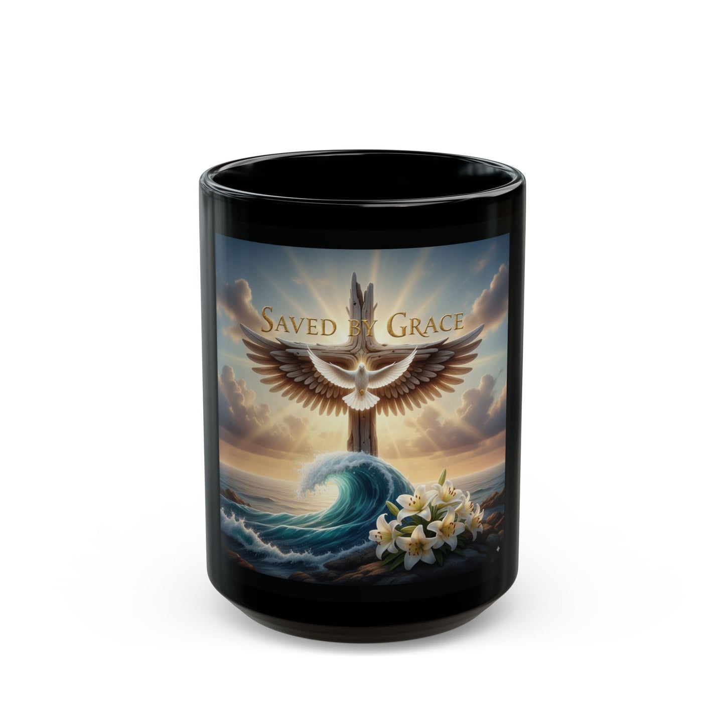 Spiritual Black Mug with Design - Saved by Grace, Faith Gift, Inspirational Coffee Cup, Religious Tea Mug, Unique Home Décor