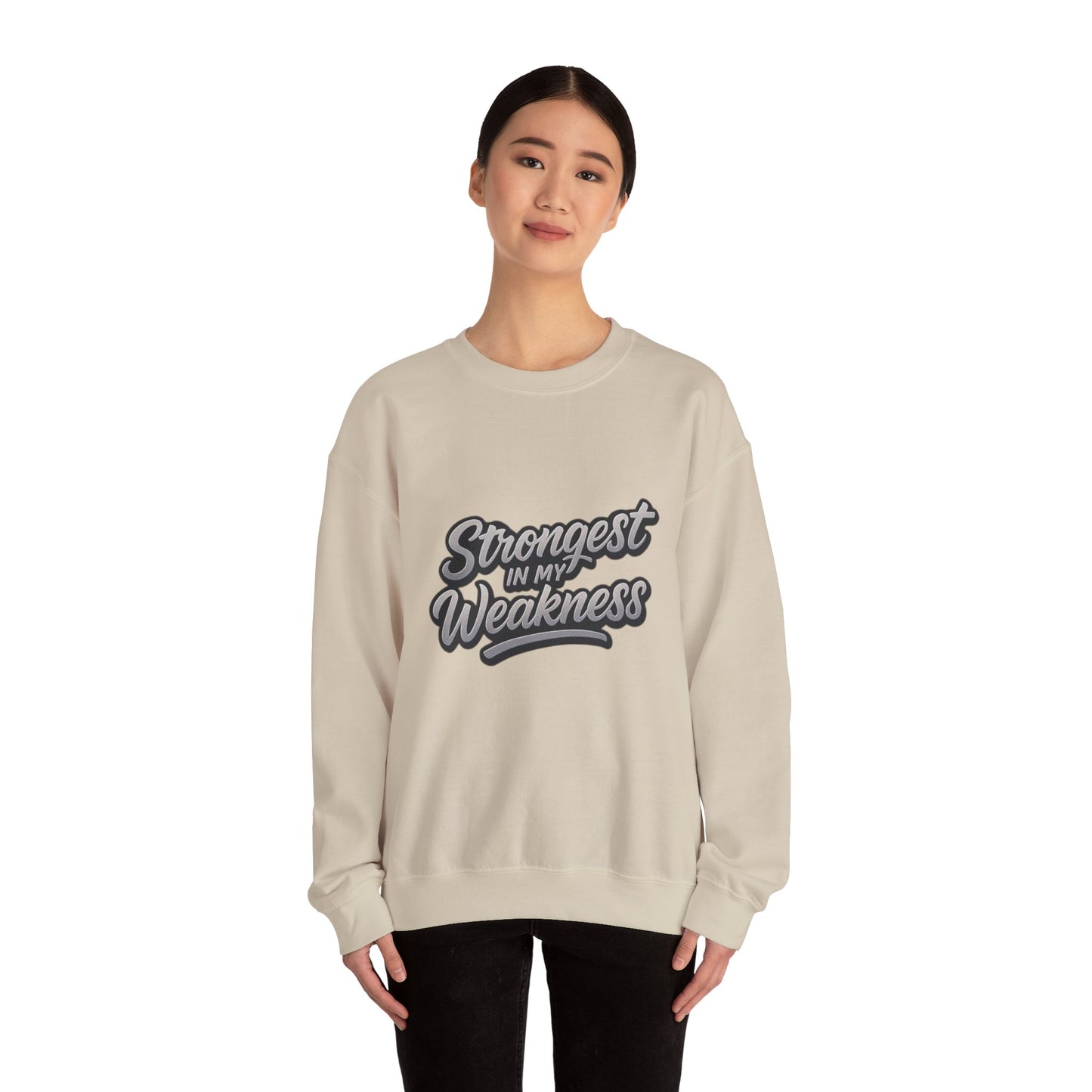 Motivational Crewneck Sweatshirt - "Strongest in My Weakness" - Cozy Gift for Wellness, Affirmation, Self-Care, Inspirational Style