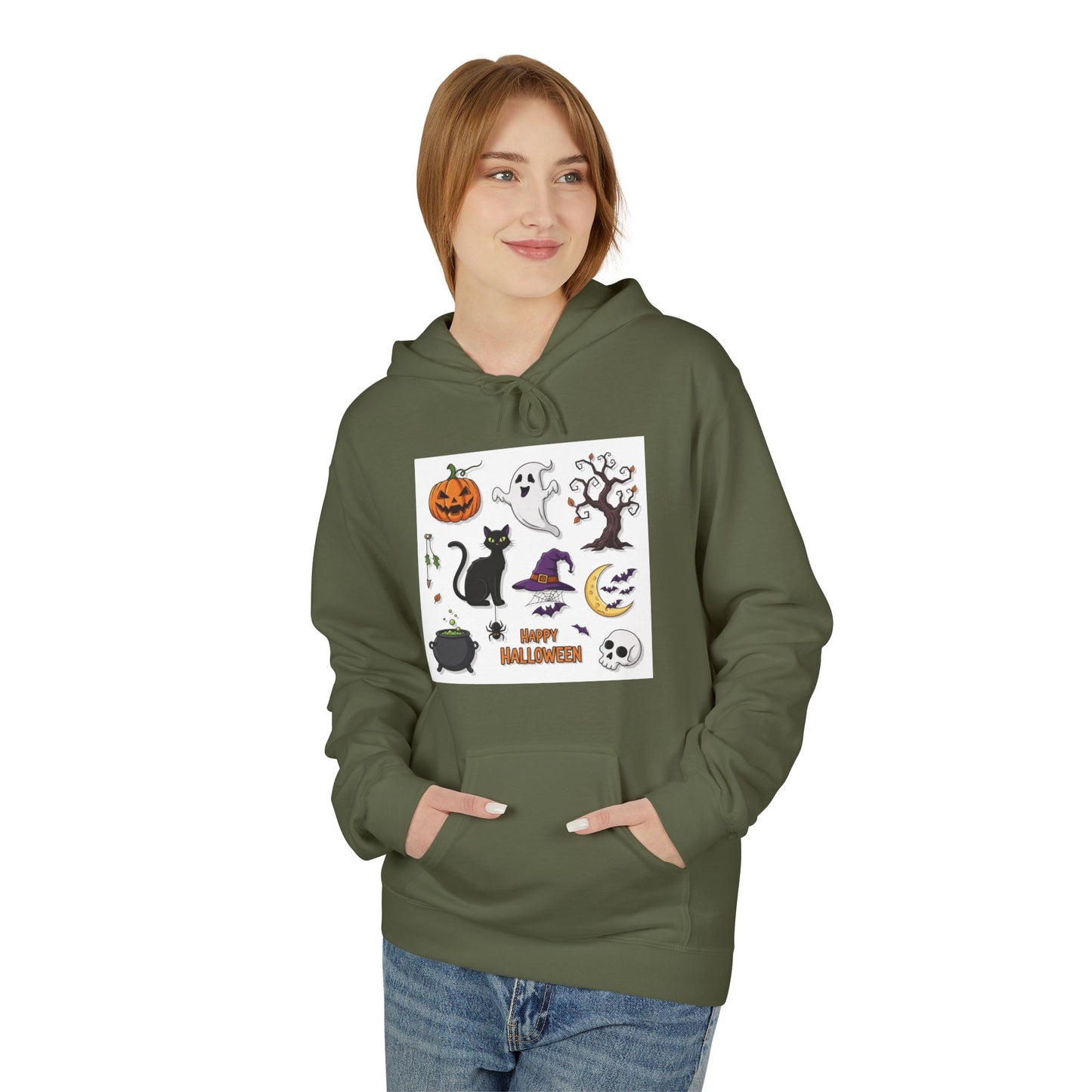 Halloween Cute Cat Fleece Hoodie, Spooky Season Apparel, Unisex Sweatshirt, Fall Fashion, Cozy Gift for Halloween Lovers