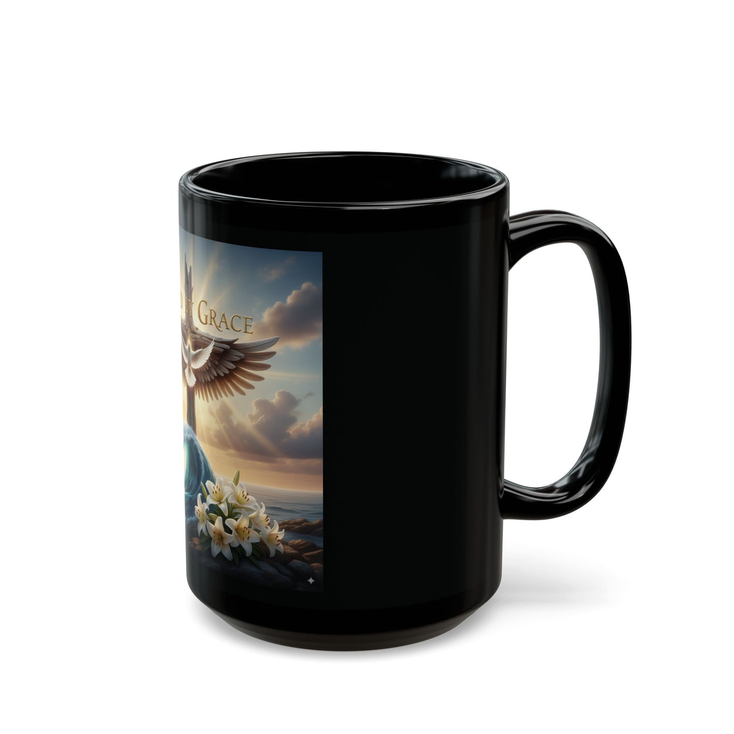 Spiritual Black Mug with Design - Saved by Grace, Faith Gift, Inspirational Coffee Cup, Religious Tea Mug, Unique Home Décor