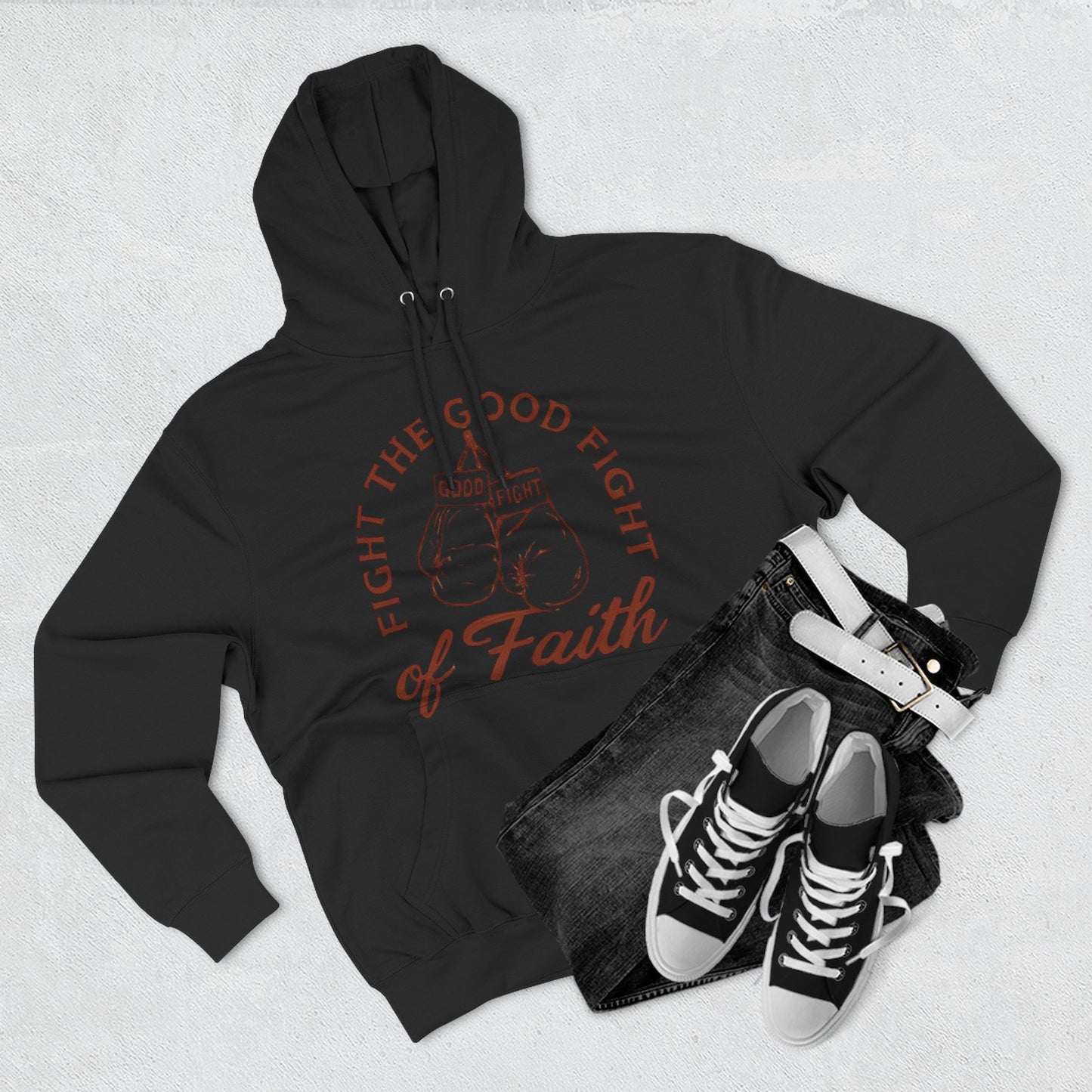 Three- Panel Fleece Hoodie, Inspirational Sweatshirt, Fight the Good Fight Apparel, Comfort Wear for Believers.