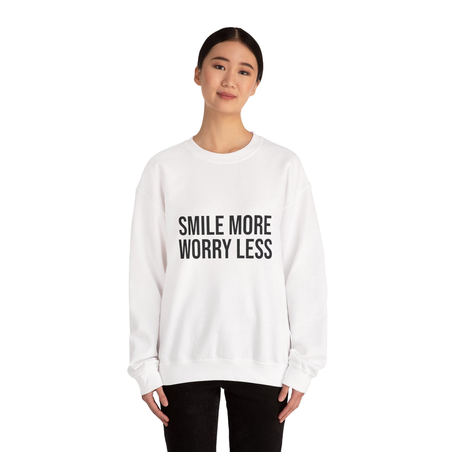 Unisex Inspirational Crewneck Sweatshirt - Smile More Worry Less, Cozy Gift for Friends, Relaxed Style, Casual Wear, Positive Vibes