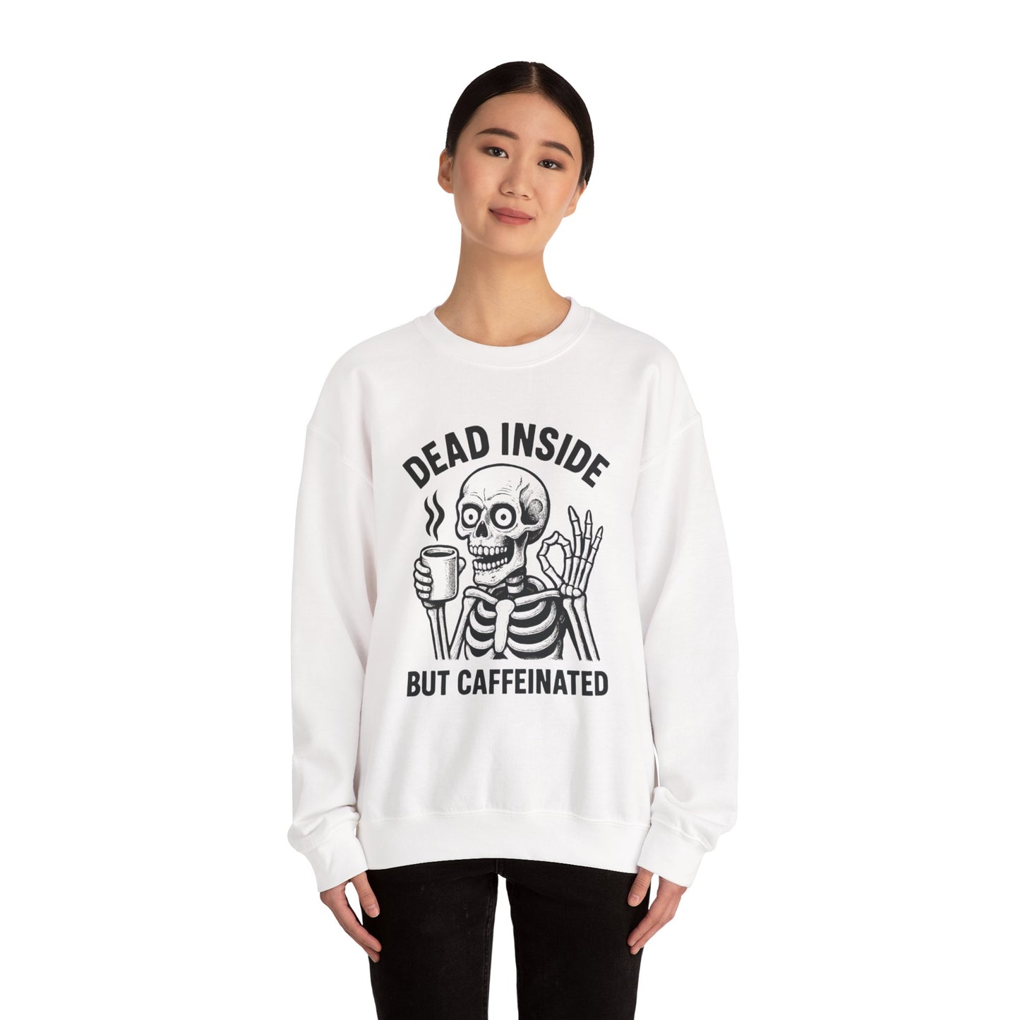Caffeinated Skeleton Crewneck Sweatshirt - Cozy Unisex Pullover, Fun Halloween Gift, Casual Fashion, Spooky Lounge Wear, Everyday Comfort