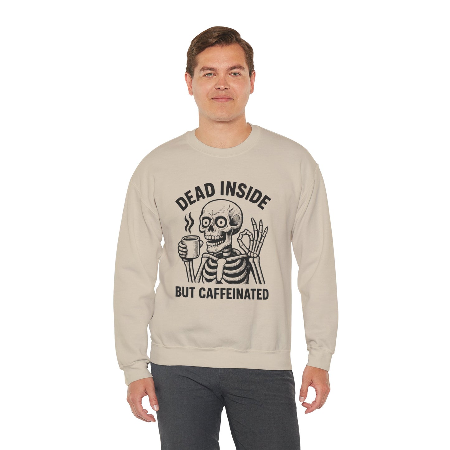 Caffeinated Skeleton Crewneck Sweatshirt - Cozy Unisex Pullover, Fun Halloween Gift, Casual Fashion, Spooky Lounge Wear, Everyday Comfort
