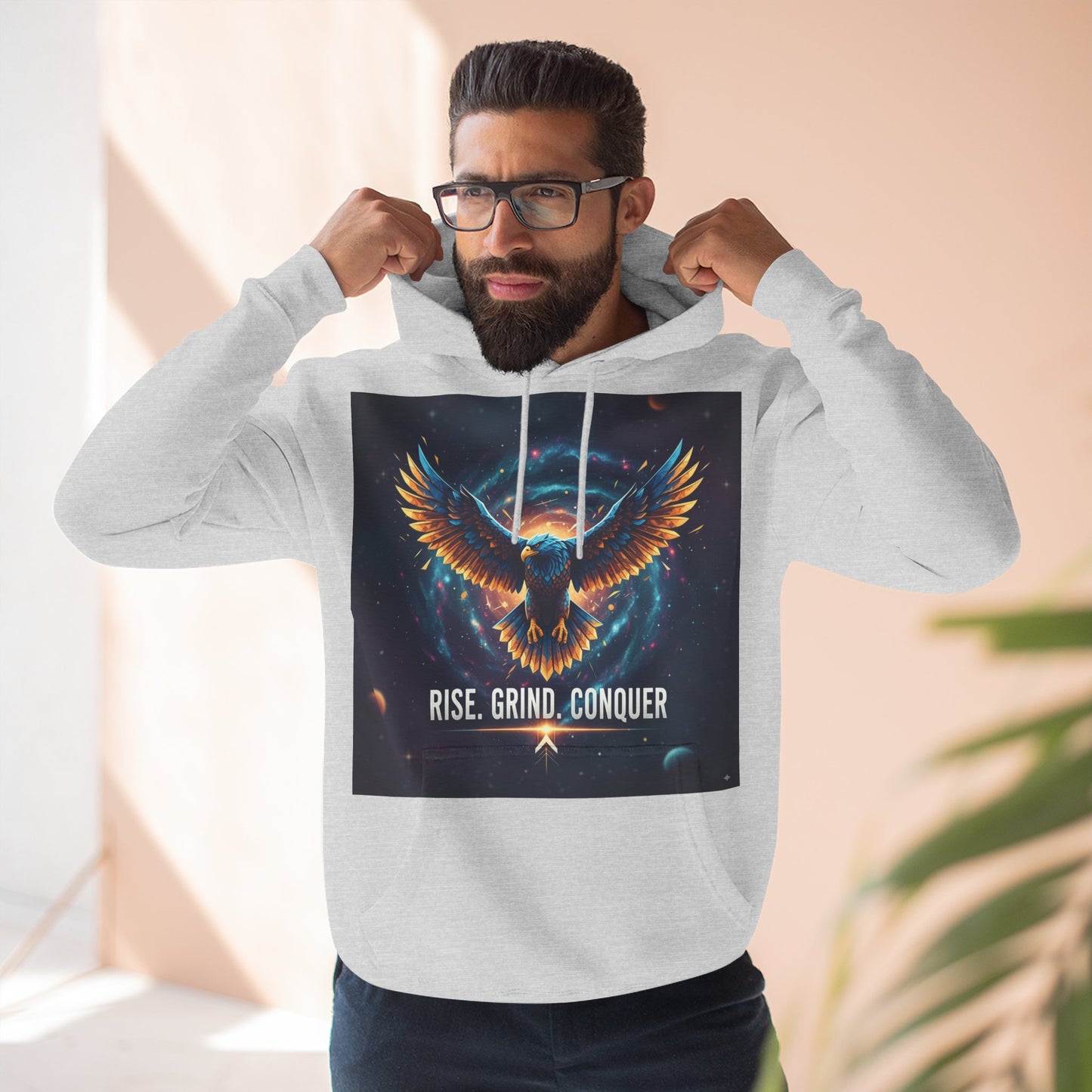 Motivational Fleece Hoodie, Rise Grind Conquer Sweatshirt, Gift for Gym Lovers, Inspirational Casual Wear, Cozy Fitness Apparel