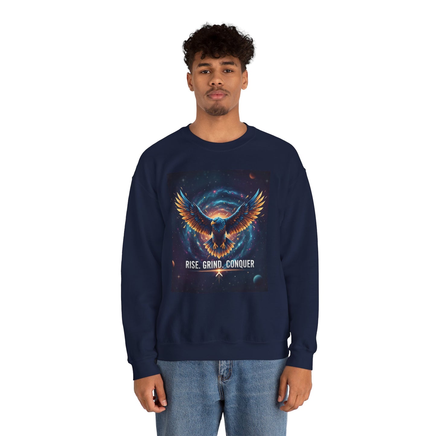 Cosmic Inspirational Sweatshirt - Rise, Grind, Conquer, Motivational Apparel, Unisex Crewneck, Casual Wear, Gift for Dreamers