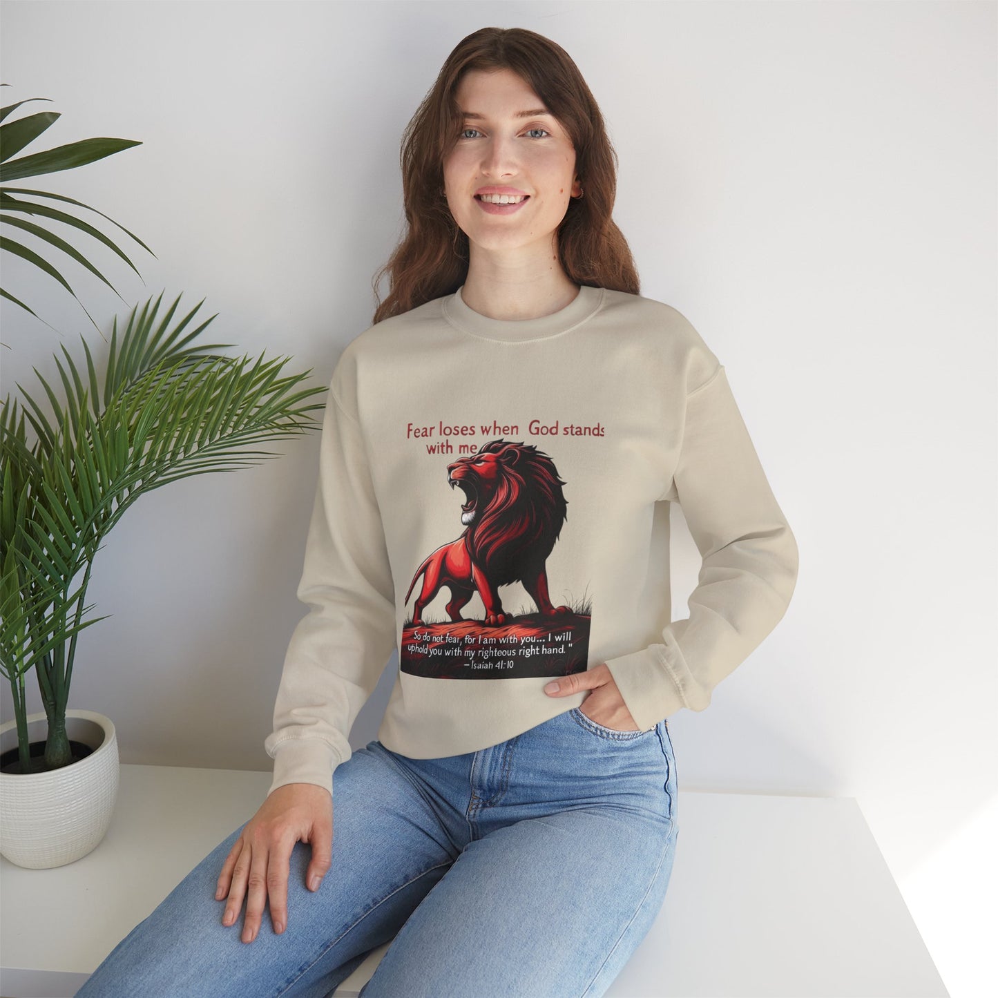 Courageous Lion Crewneck Sweatshirt, Faith-Based Apparel, Inspirational Clothing, Gift for Believers, Motivational Sweater