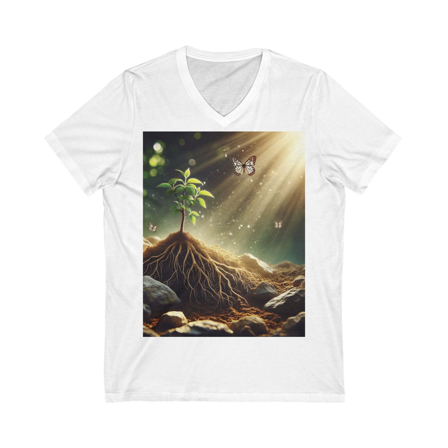 Nature-Inspired V-Neck Tee, Eco-Friendly Shirt, Plant Lover Gift, Gardening Tee, Butterfly Art T-Shirt, Earth Day Apparel