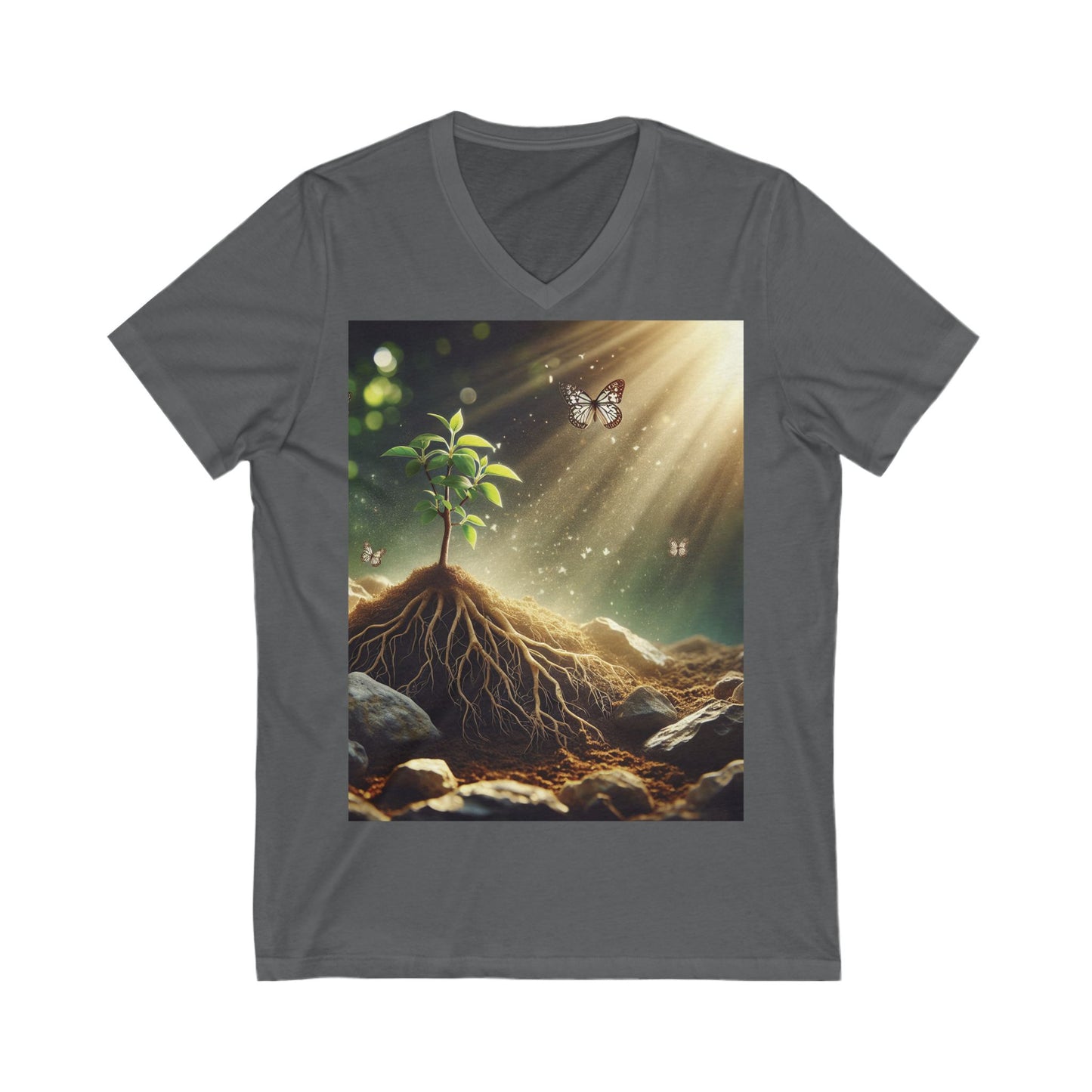 Nature-Inspired V-Neck Tee, Eco-Friendly Shirt, Plant Lover Gift, Gardening Tee, Butterfly Art T-Shirt, Earth Day Apparel