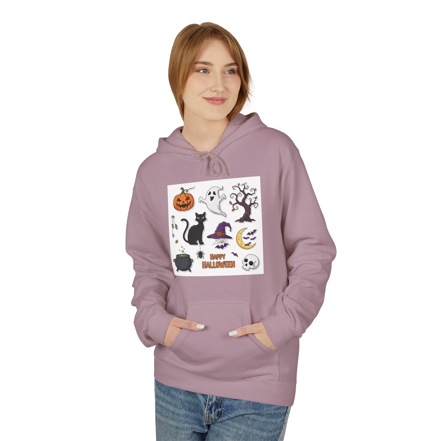 Halloween Cute Cat Fleece Hoodie, Spooky Season Apparel, Unisex Sweatshirt, Fall Fashion, Cozy Gift for Halloween Lovers