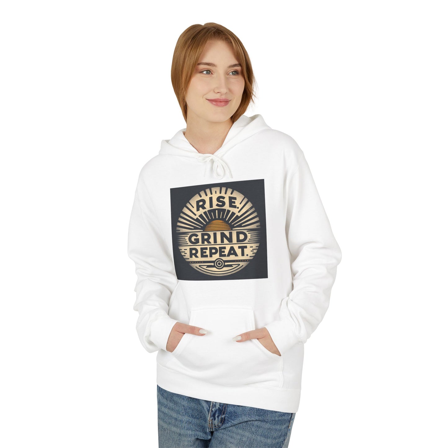Rise, Grind, Repeat Motivational Fleece Hoodie - Unisex Crew Neck Sweatshirt for Gym, Fitness, Workout, Casual, Gift