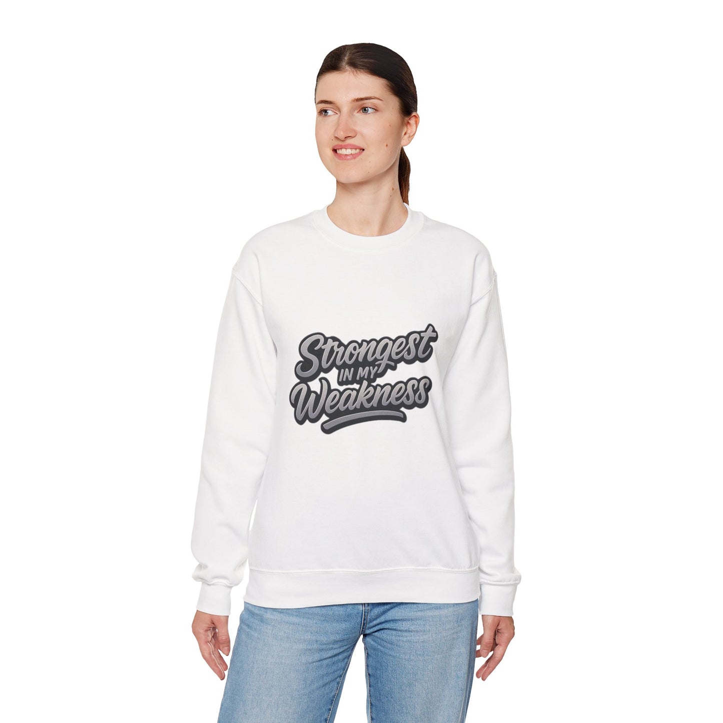 Motivational Crewneck Sweatshirt - "Strongest in My Weakness" - Cozy Gift for Wellness, Affirmation, Self-Care, Inspirational Style
