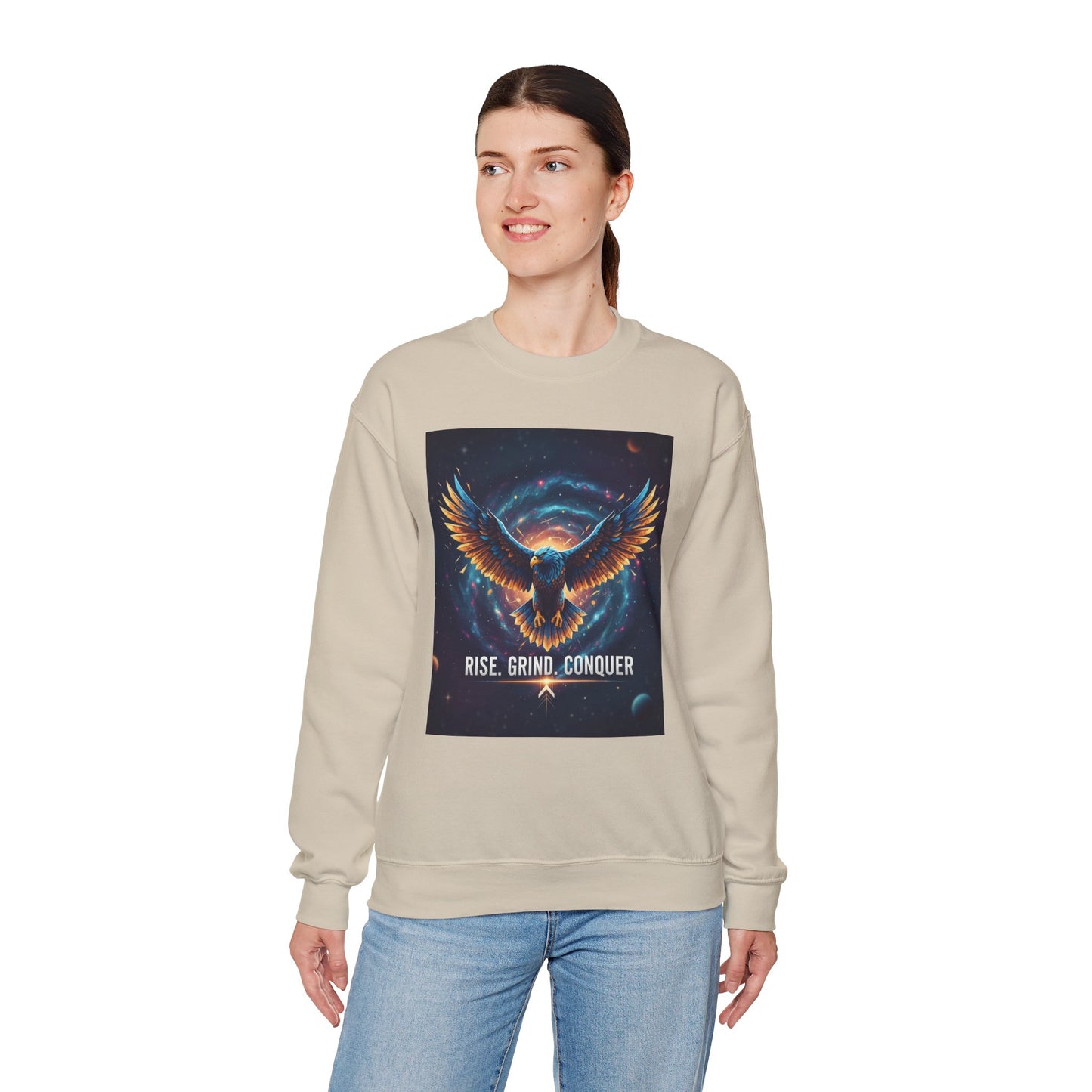 Cosmic Inspirational Sweatshirt - Rise, Grind, Conquer, Motivational Apparel, Unisex Crewneck, Casual Wear, Gift for Dreamers