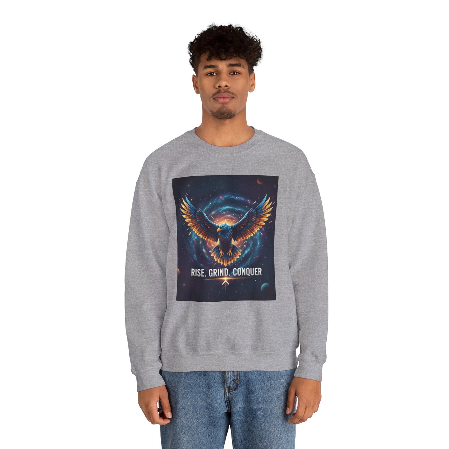 Cosmic Inspirational Sweatshirt - Rise, Grind, Conquer, Motivational Apparel, Unisex Crewneck, Casual Wear, Gift for Dreamers