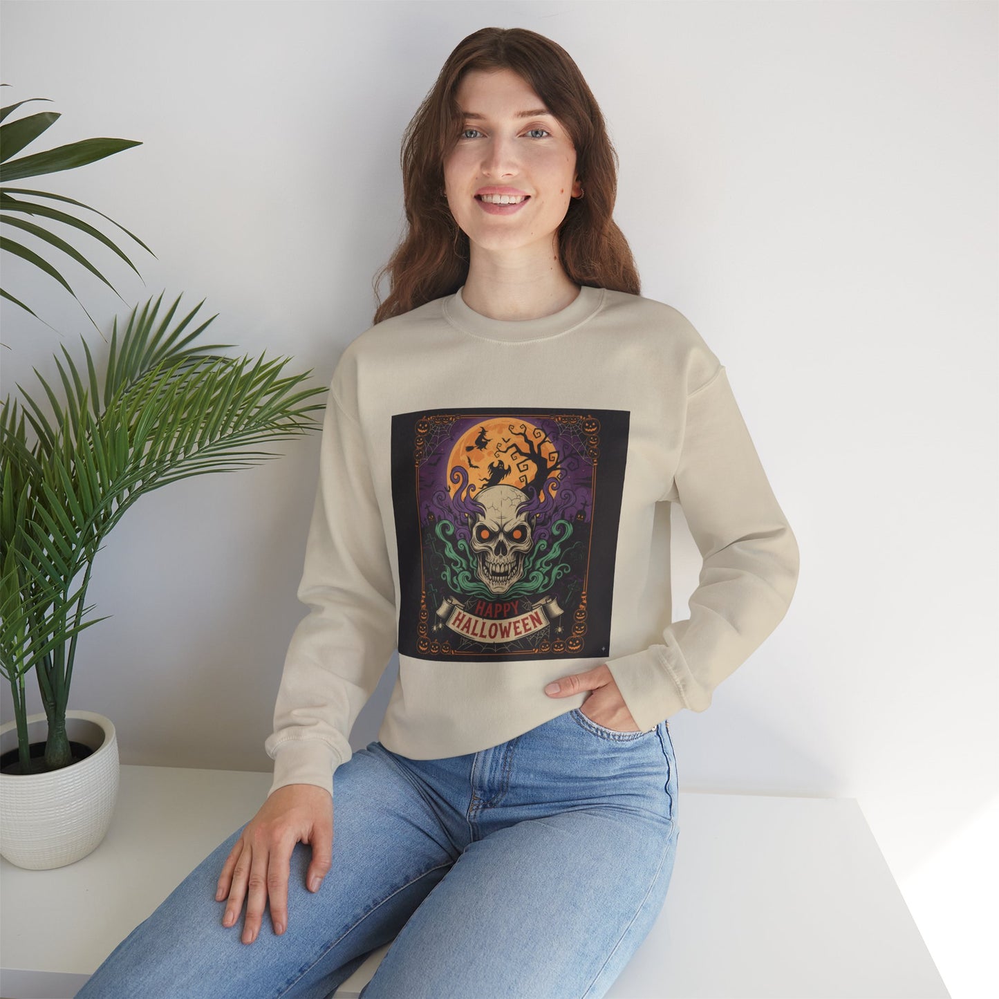 Halloween Skull Graphic Crewneck Sweatshirt, Spooky Sweatshirt, Unisex Halloween Apparel, Fall Fashion, Cozy Sweatshirt