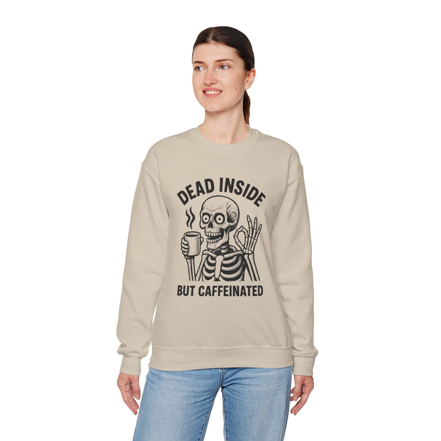 Caffeinated Skeleton Crewneck Sweatshirt - Cozy Unisex Pullover, Fun Halloween Gift, Casual Fashion, Spooky Lounge Wear, Everyday Comfort