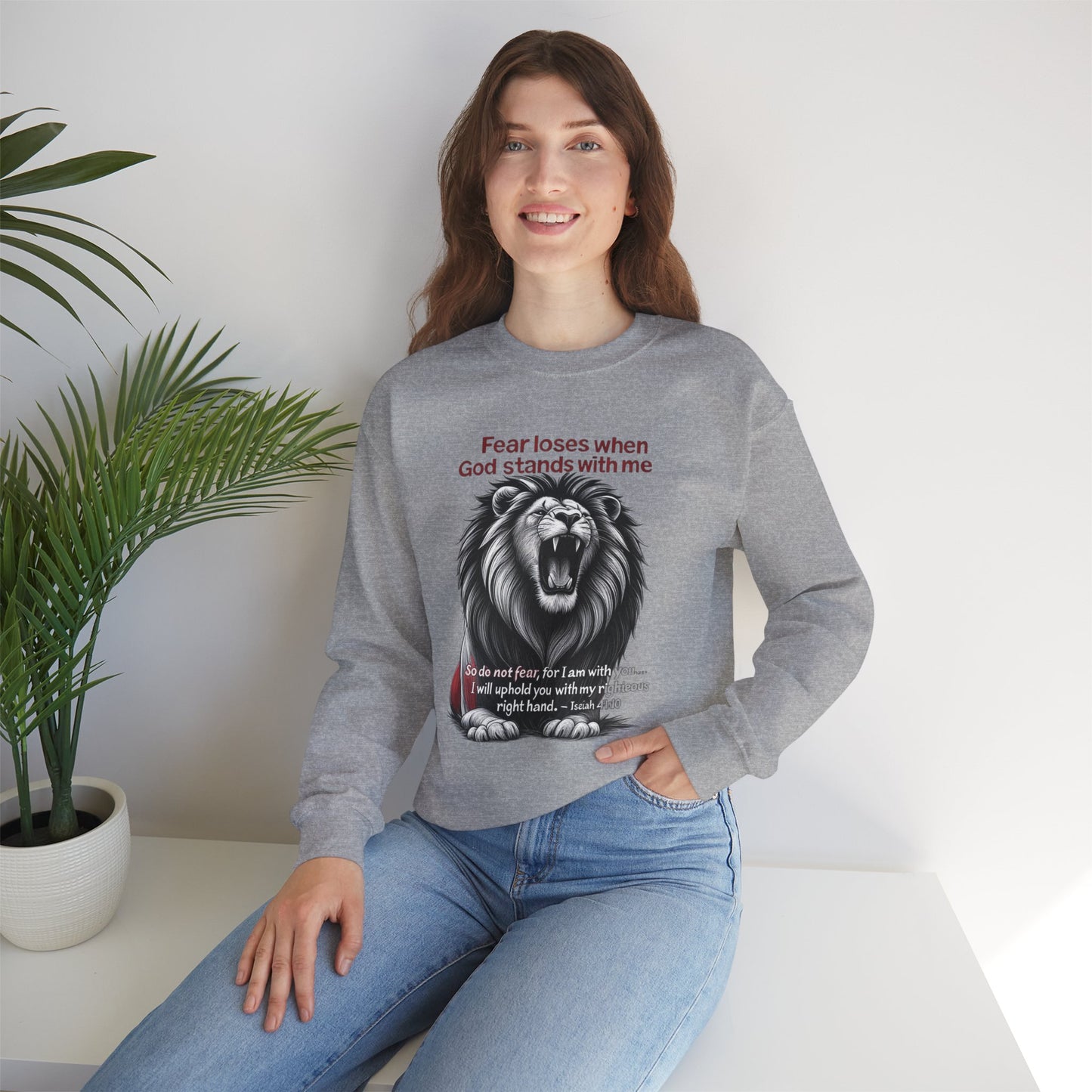 Fearless Lion Inspirational Crewneck Sweatshirt, Motivational Gift, Unisex Apparel, Cozy Sweatshirt, Christian Quote Sweatshirt