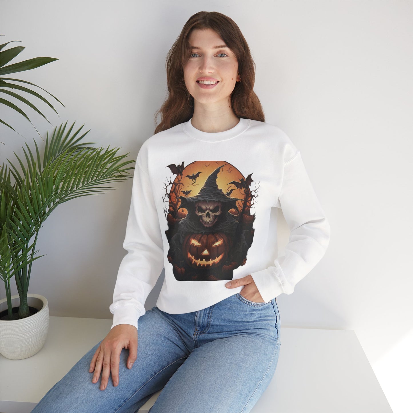 Halloween Witch Skull Sweatshirt, Unisex Crewneck, Fall Fashion, Cozy Sweater, Spooky Apparel, Halloween Gift