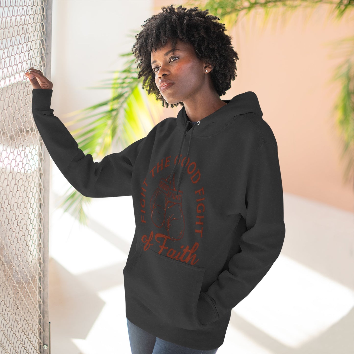 Three- Panel Fleece Hoodie, Inspirational Sweatshirt, Fight the Good Fight Apparel, Comfort Wear for Believers.