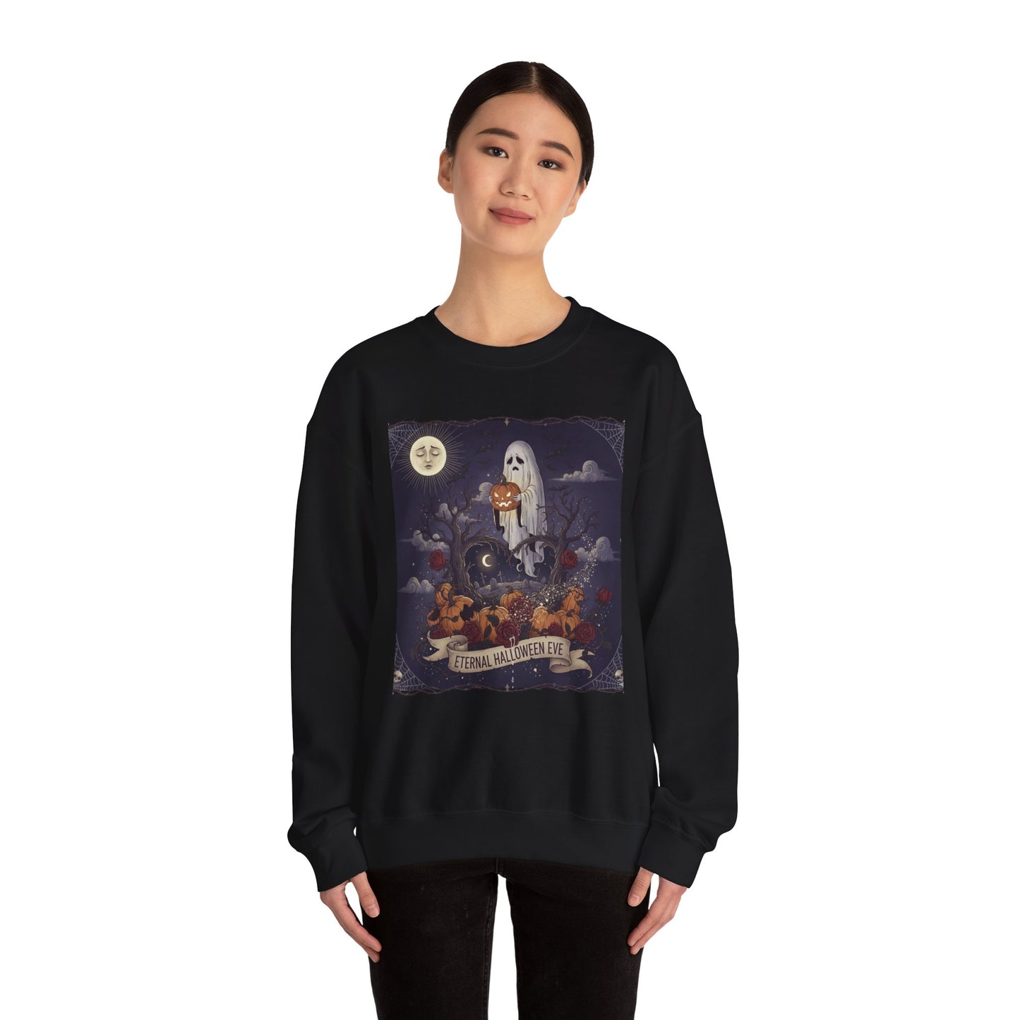 Eternal Halloween Crewneck Sweatshirt, Cozy Ghost Artwork, Unisex Sweater for Fall, Halloween Casual Wear, Spooky Season Gift