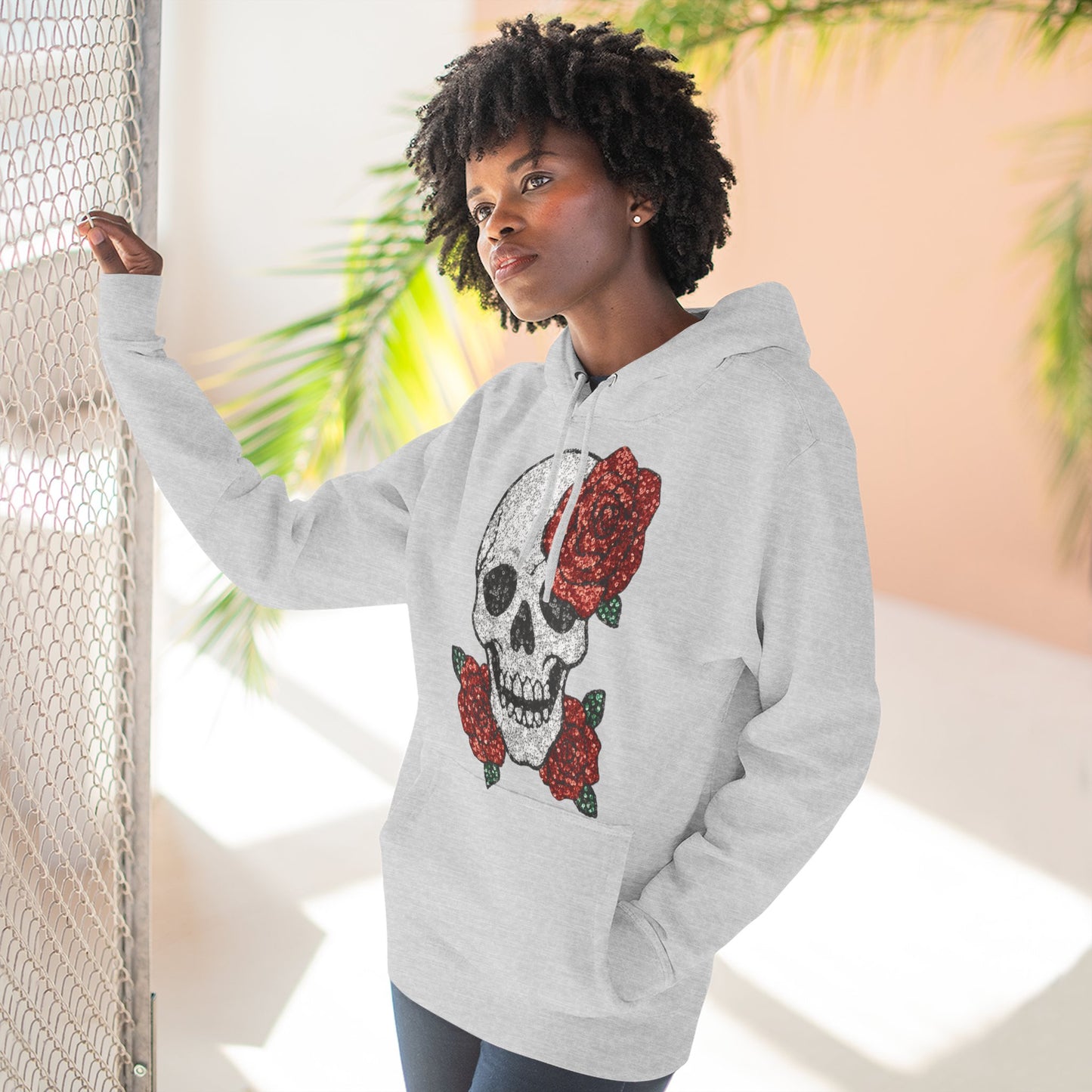 Skull and Roses Fleece Hoodie - Cozy Halloween Sweatshirt, Gothic Hoodie, Unisex Gift, Alternative Fashion, Casual Layering