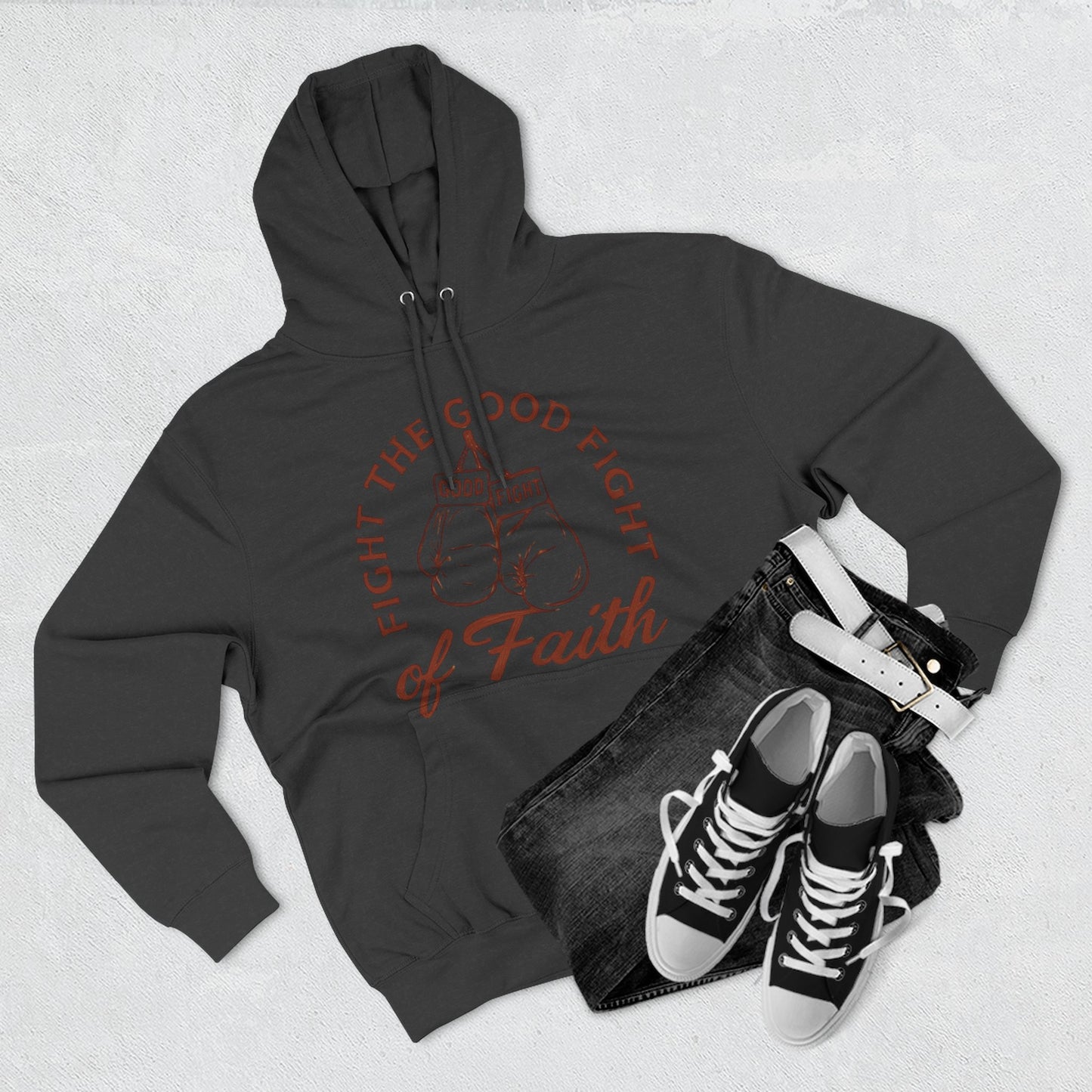 Three- Panel Fleece Hoodie, Inspirational Sweatshirt, Fight the Good Fight Apparel, Comfort Wear for Believers.