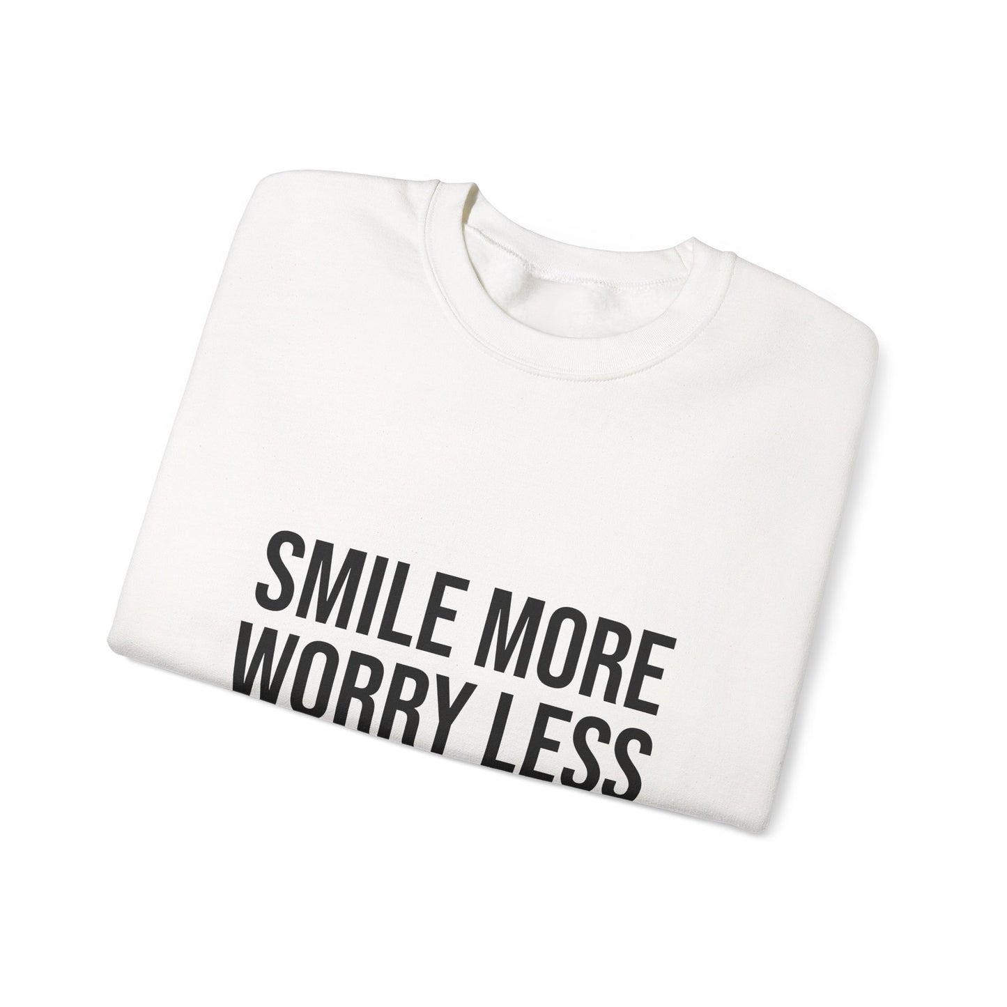 Unisex Inspirational Crewneck Sweatshirt - Smile More Worry Less, Cozy Gift for Friends, Relaxed Style, Casual Wear, Positive Vibes