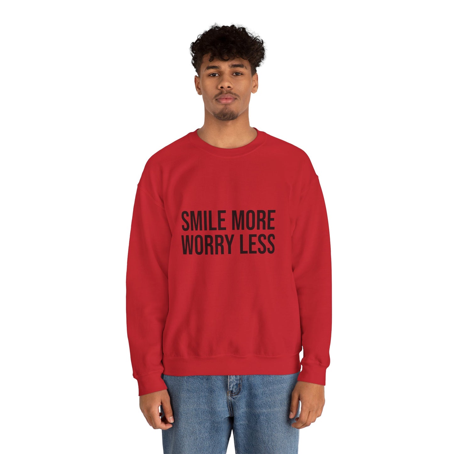 Unisex Inspirational Crewneck Sweatshirt - Smile More Worry Less, Cozy Gift for Friends, Relaxed Style, Casual Wear, Positive Vibes