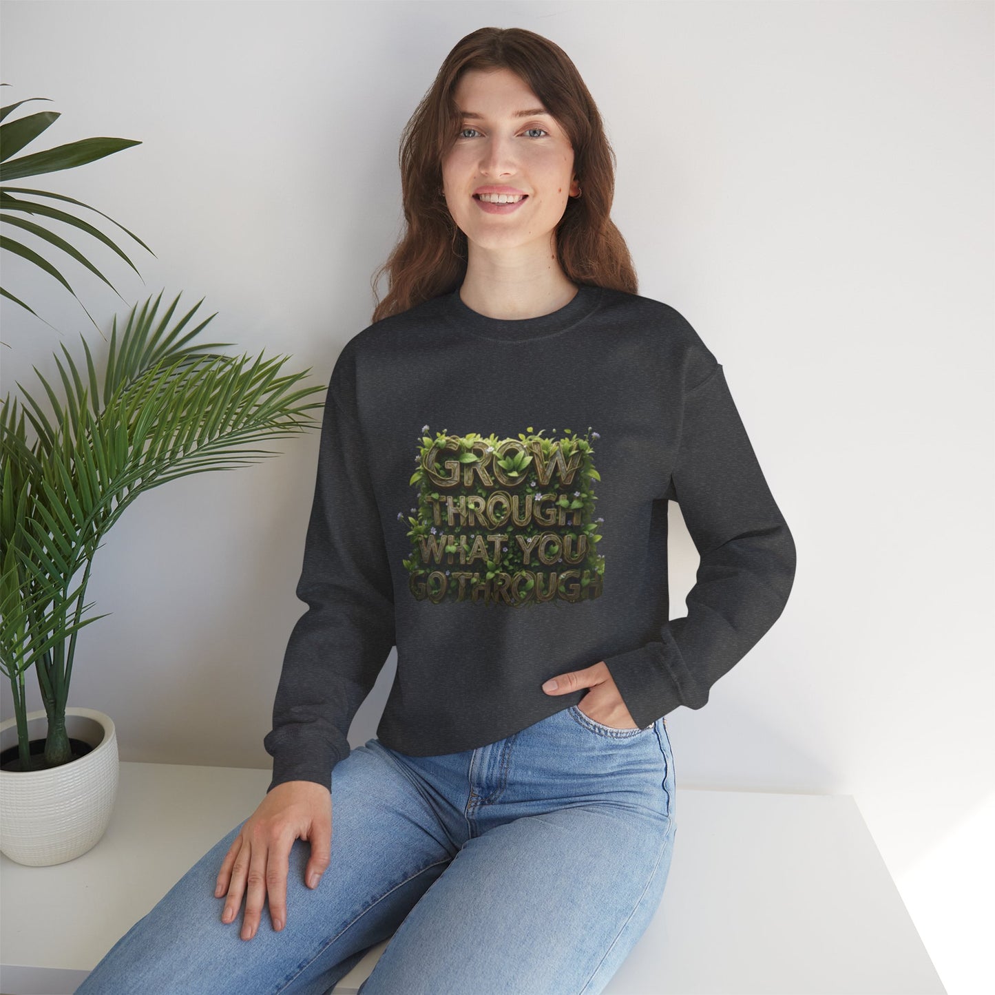 Nature-Inspired Motivational Sweatshirt, 'Grow Through What You Go Through' Crewneck, Cozy Gift for Nature Lovers