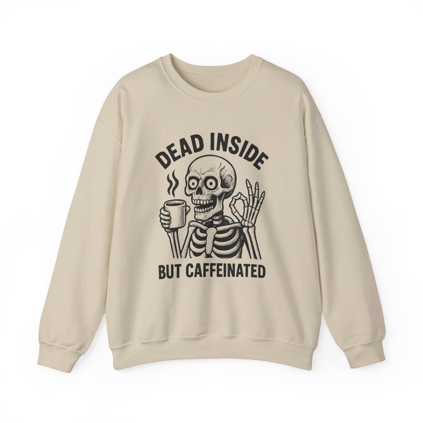 Caffeinated Skeleton Crewneck Sweatshirt - Cozy Unisex Pullover, Fun Halloween Gift, Casual Fashion, Spooky Lounge Wear, Everyday Comfort