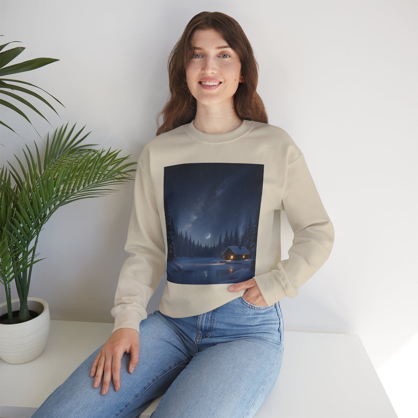 Cozy Cabin Night Sweatshirt | Unisex Heavy Blend Crewneck | Winter Apparel, Nature Lover Gift, Cozy Outfit, Gift for Him/Her