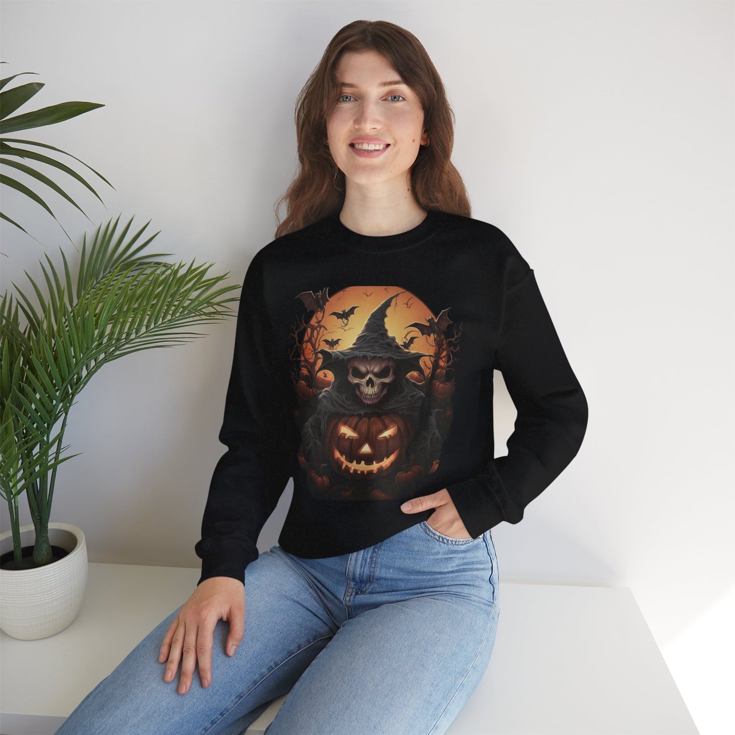 Halloween Witch Skull Sweatshirt, Unisex Crewneck, Fall Fashion, Cozy Sweater, Spooky Apparel, Halloween Gift