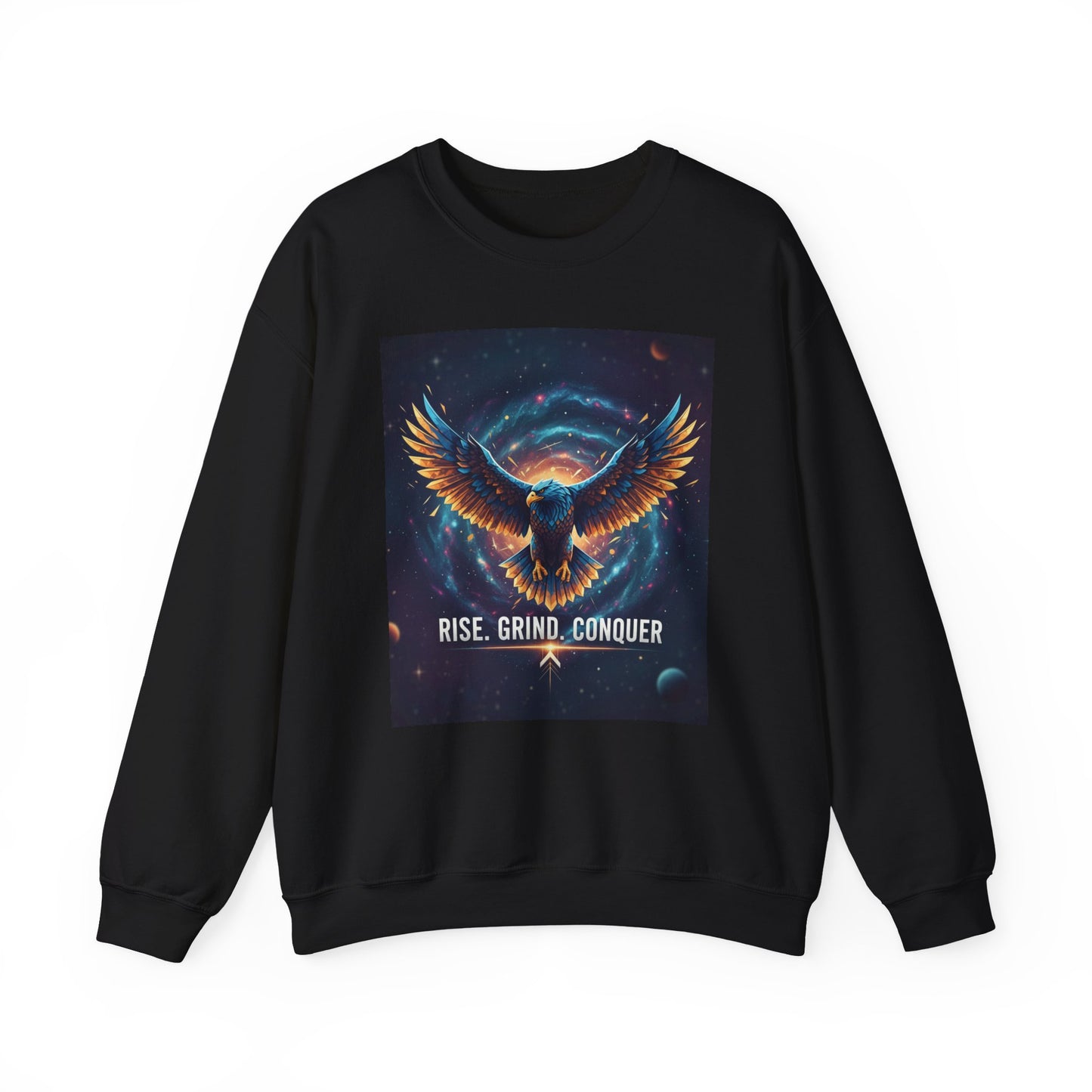 Cosmic Inspirational Sweatshirt - Rise, Grind, Conquer, Motivational Apparel, Unisex Crewneck, Casual Wear, Gift for Dreamers